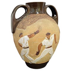 Antique "Playing Pelota in the Basque Region", Exceptional Art Deco Vase by Ciboure