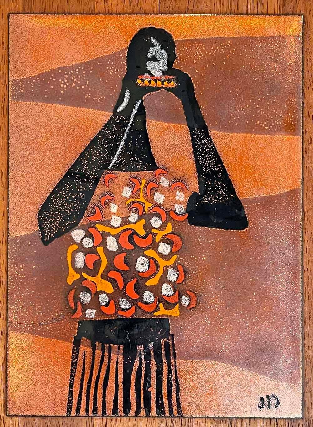 Beautifully made by the last of America's great Mid Century enamel artists, this panel depicts a Black female figure in a resplendent shirt that is alive with an abstract pattern in scarlet, orange and white, her arms akimbo and her body alive with