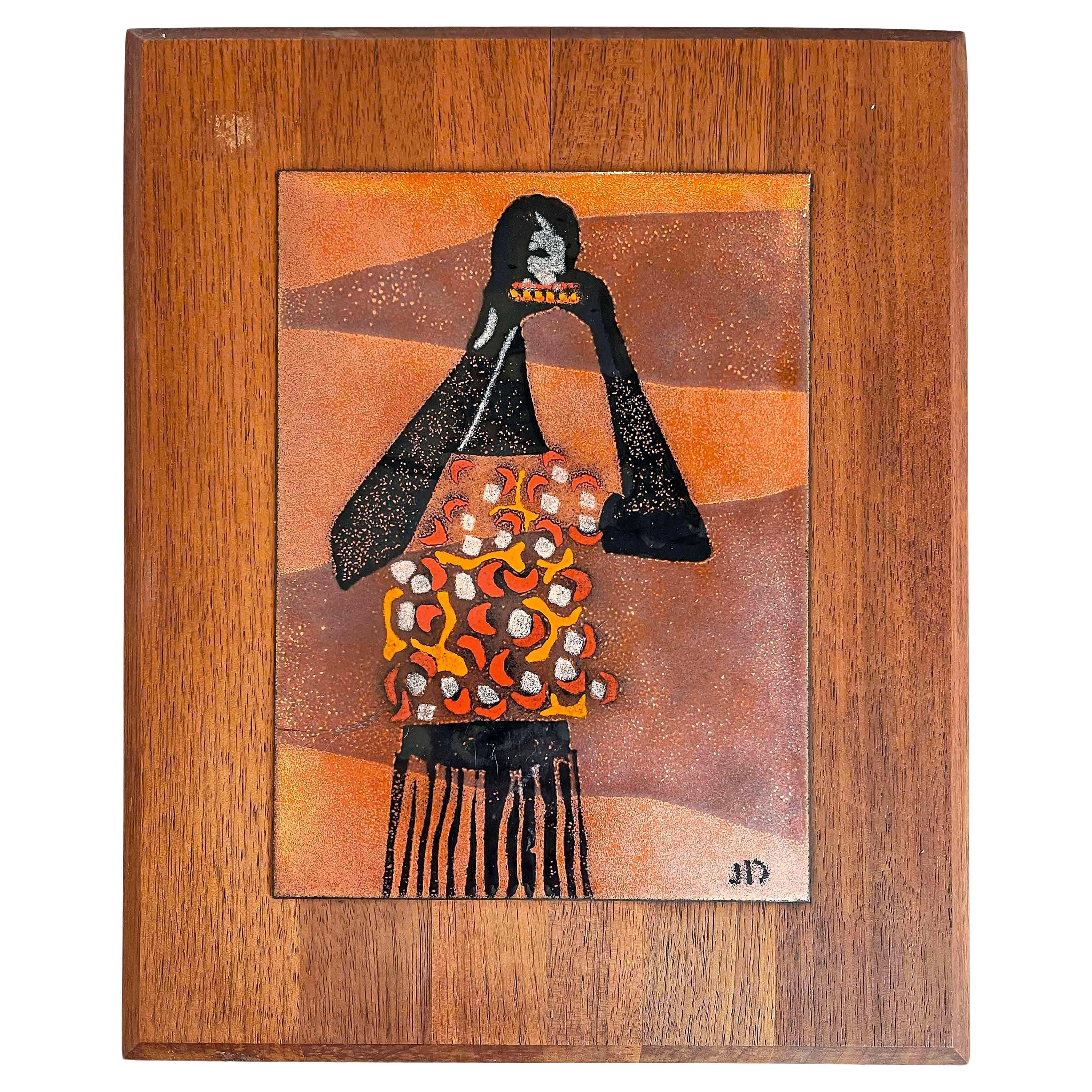 "Playing the Harmonica", Mid Century Enamel Panel of Black Woman in Red & Black For Sale