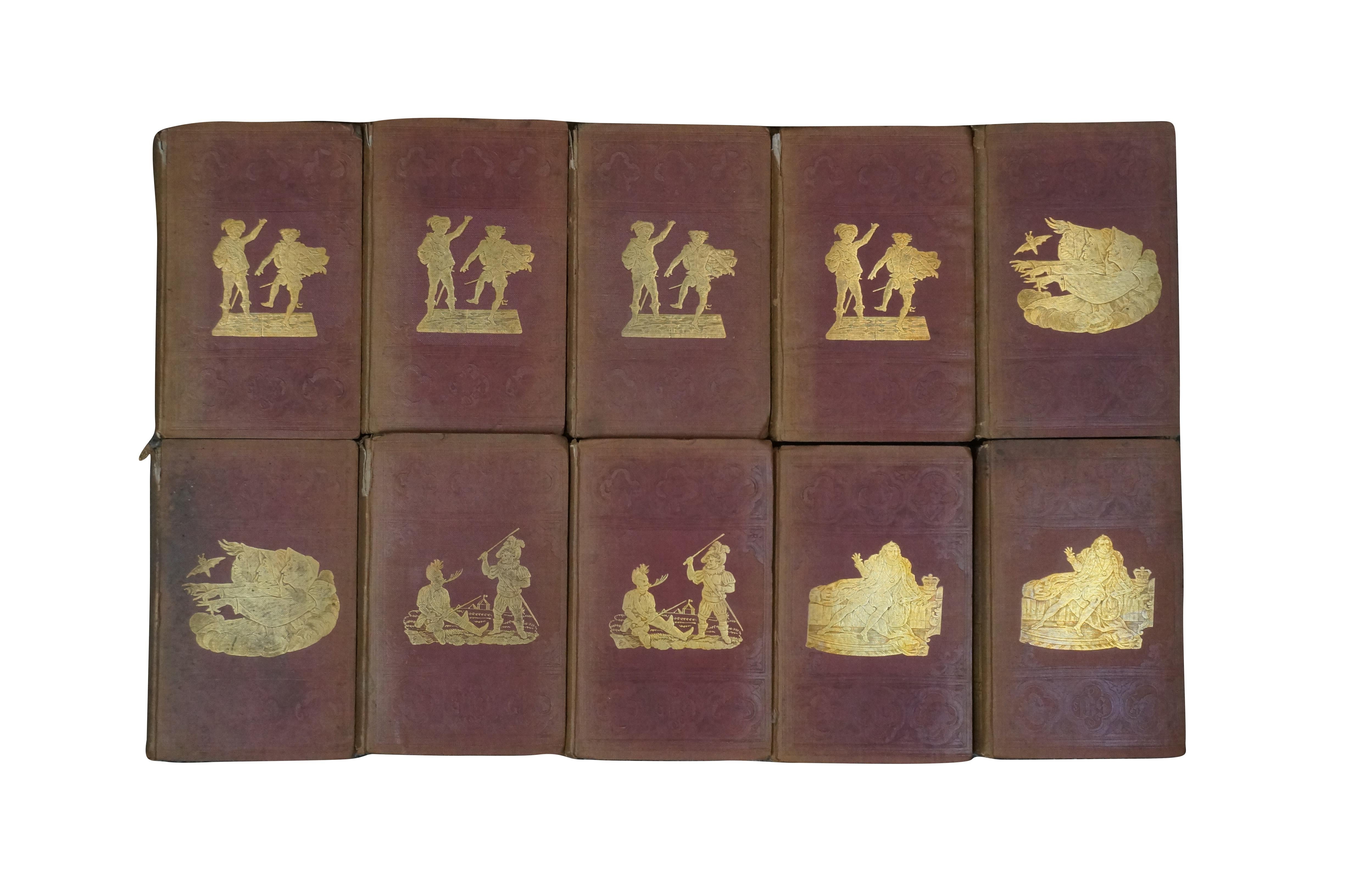 The Plays and Poems of Shakespeare According to the Improved Text of Edmund Malone - Edited by A.J. Valpy - Valpy's Pictorial Edition - Volumes I-X of XV - Published by Henry G. Bohn, 1851 - Hard cover, red cloth binding with unique gold figural