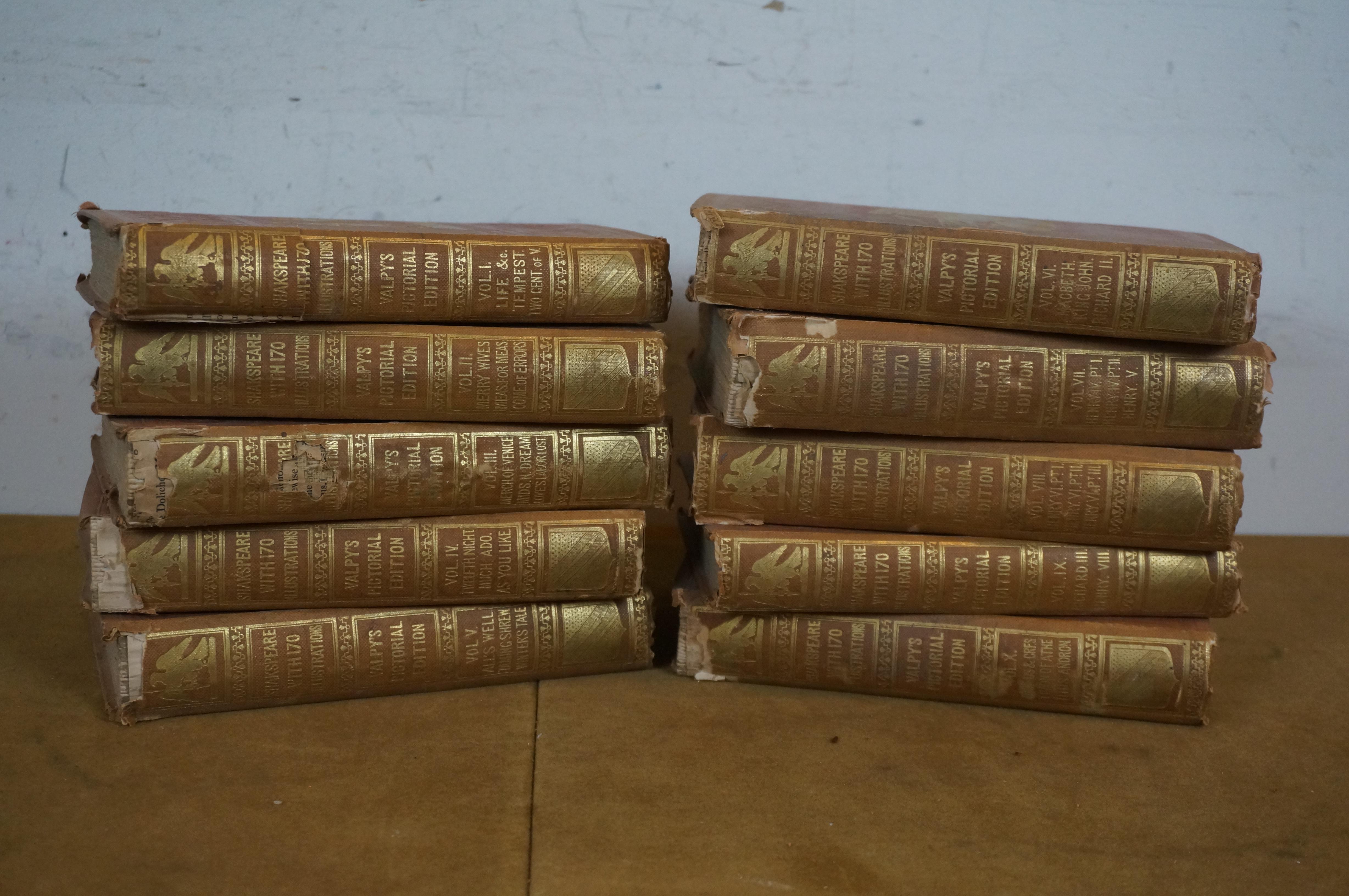 Mid-19th Century Plays & Poems of Shakespeare A J Valpy Pictorial Edition 10 Vol Antique Book Set For Sale