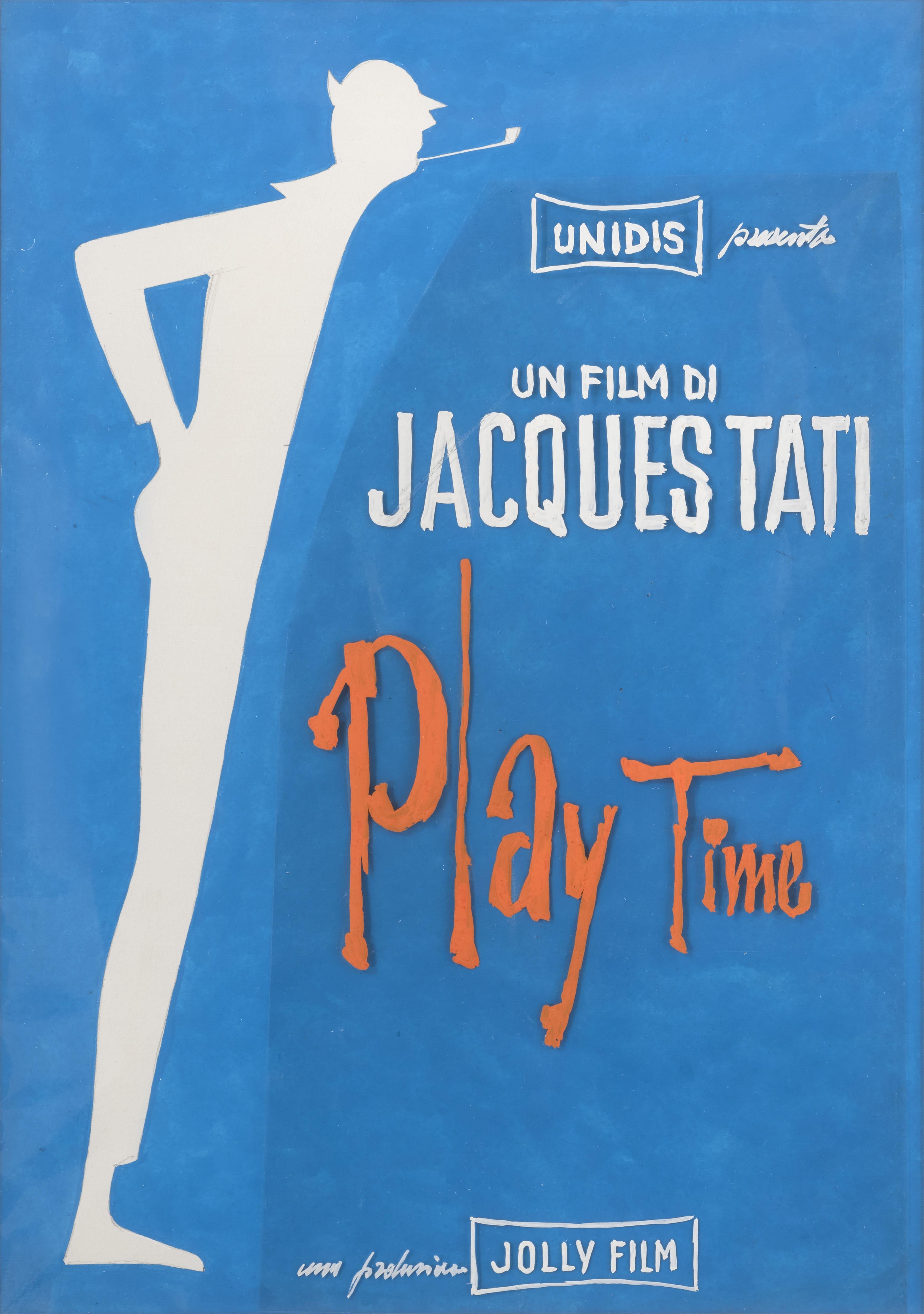 Original artwork, Tempera on paper artboard.
This artwork was created to be used on the original Italian film poster for Jacques Tati's 1967 comedy Playtime. This film was also directed by Jacques Tati.
This piece is framed in a Sapele wood frame