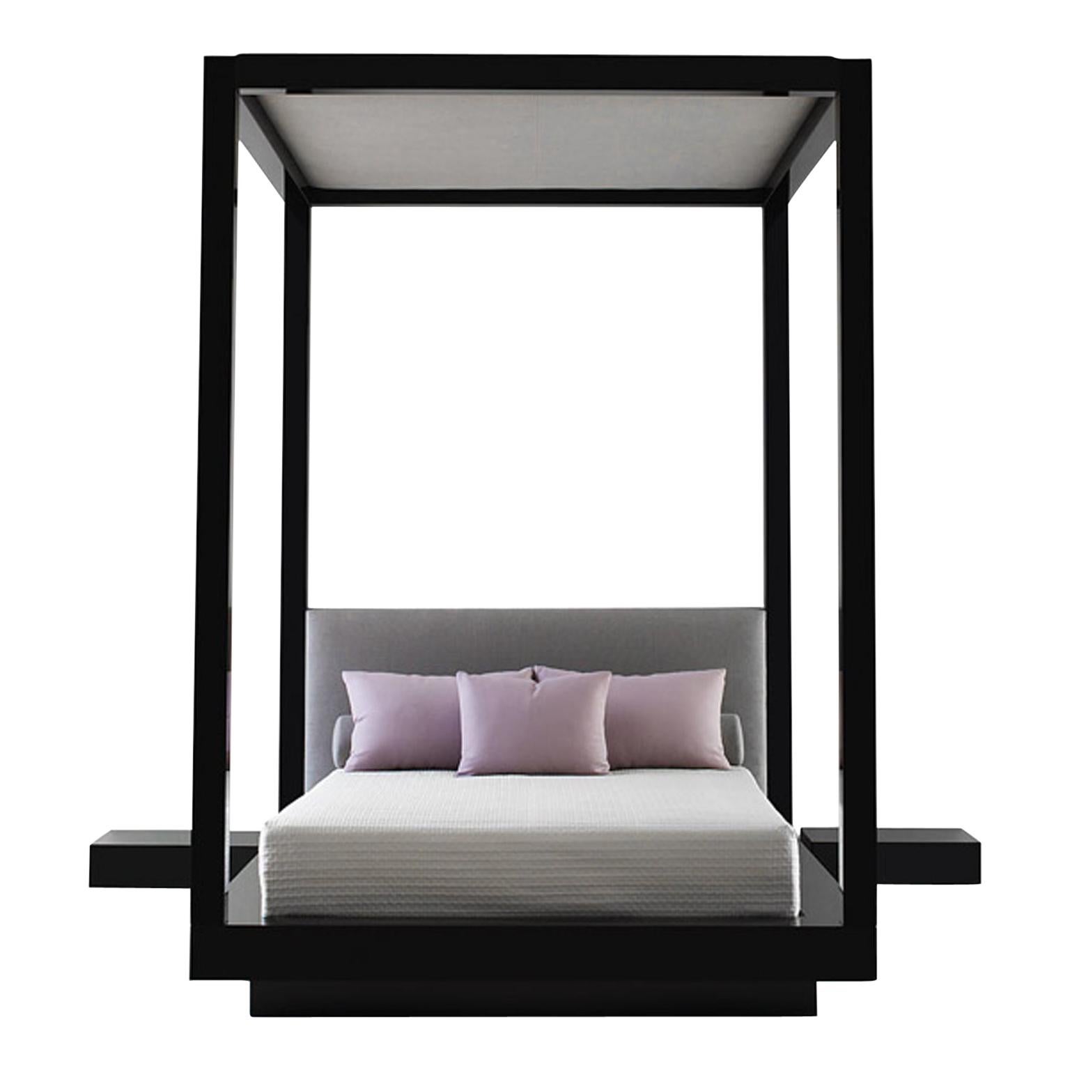 Plaza Bed King Queen, Black Lacquer Upholstered Canopy Headboard Four-Posts