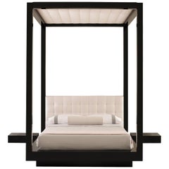 Plaza Bed Queen Tufted Canopy and headboard, Black lacquer