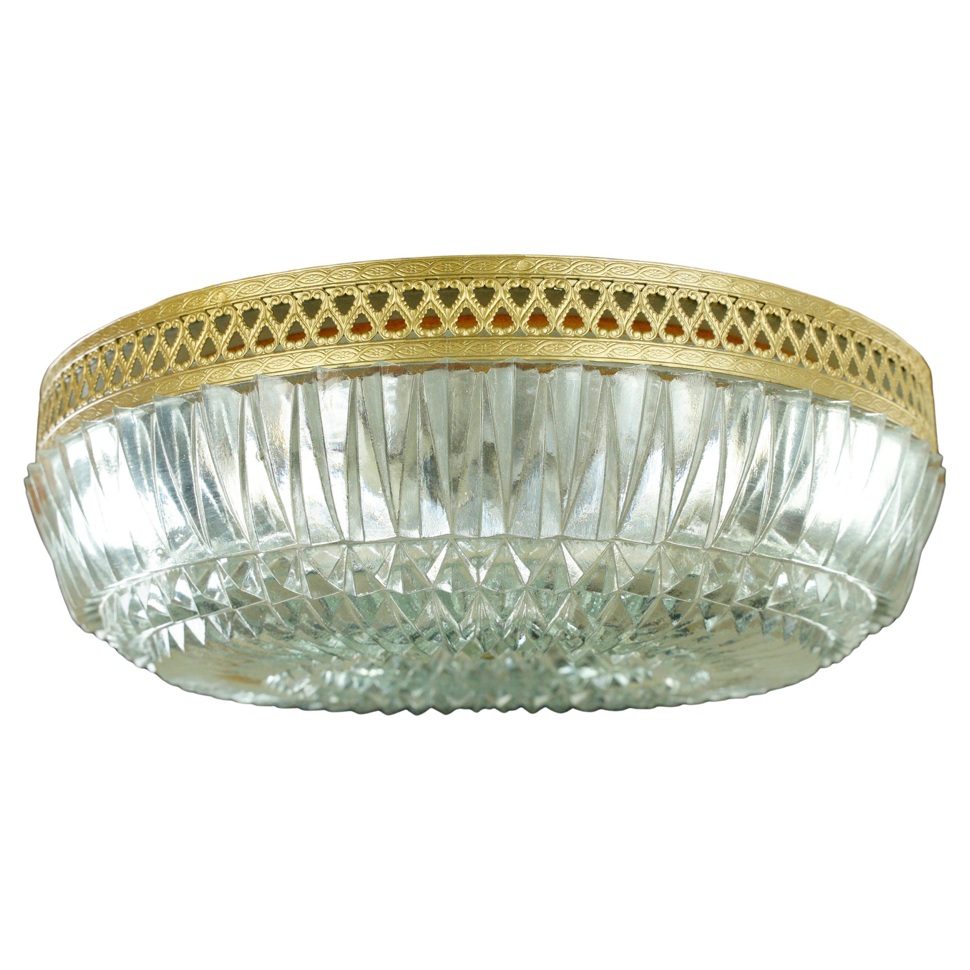 Plaza Hotel Flush Mount Light Clear Faceted Glass Lattice Brass Rim