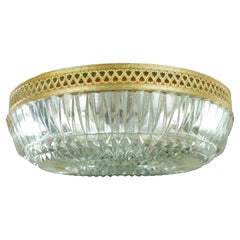 Plaza Hotel Flush Mount Light Clear Faceted Glass Lattice Brass Rim