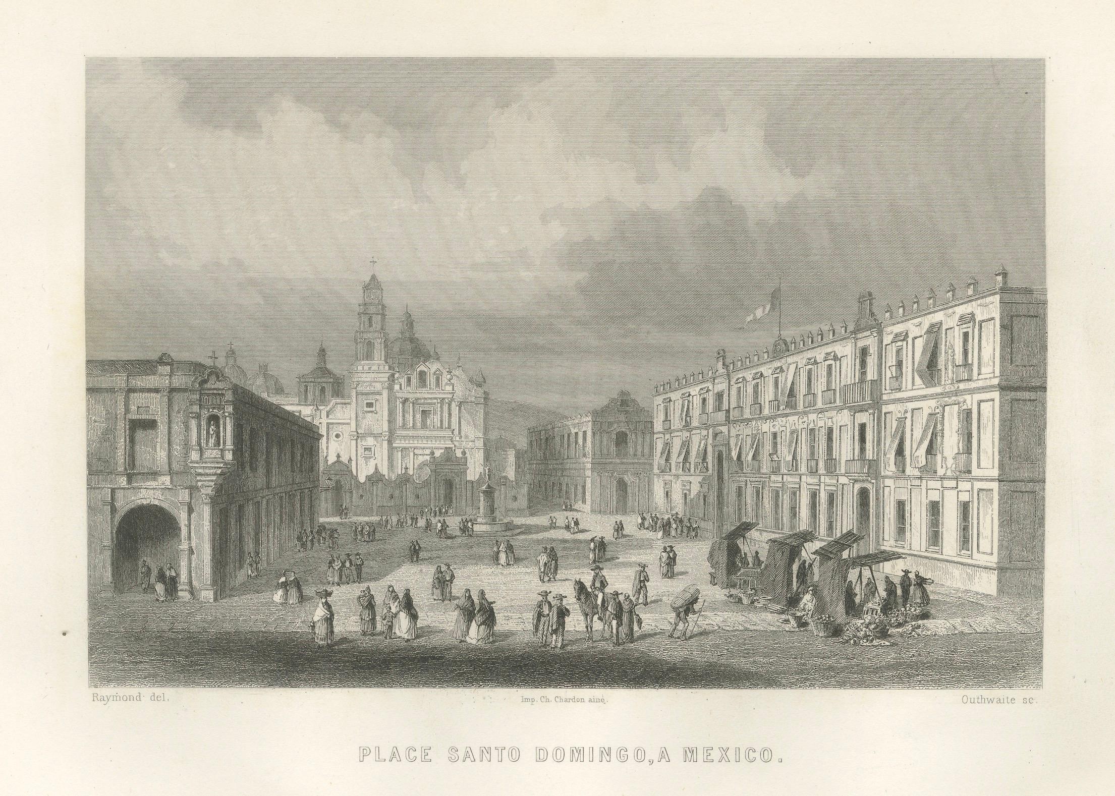 Plaza Santo Domingo Mexiko-Stadt - Antiker Architekturstich, 1867 (Französisch) im Angebot
