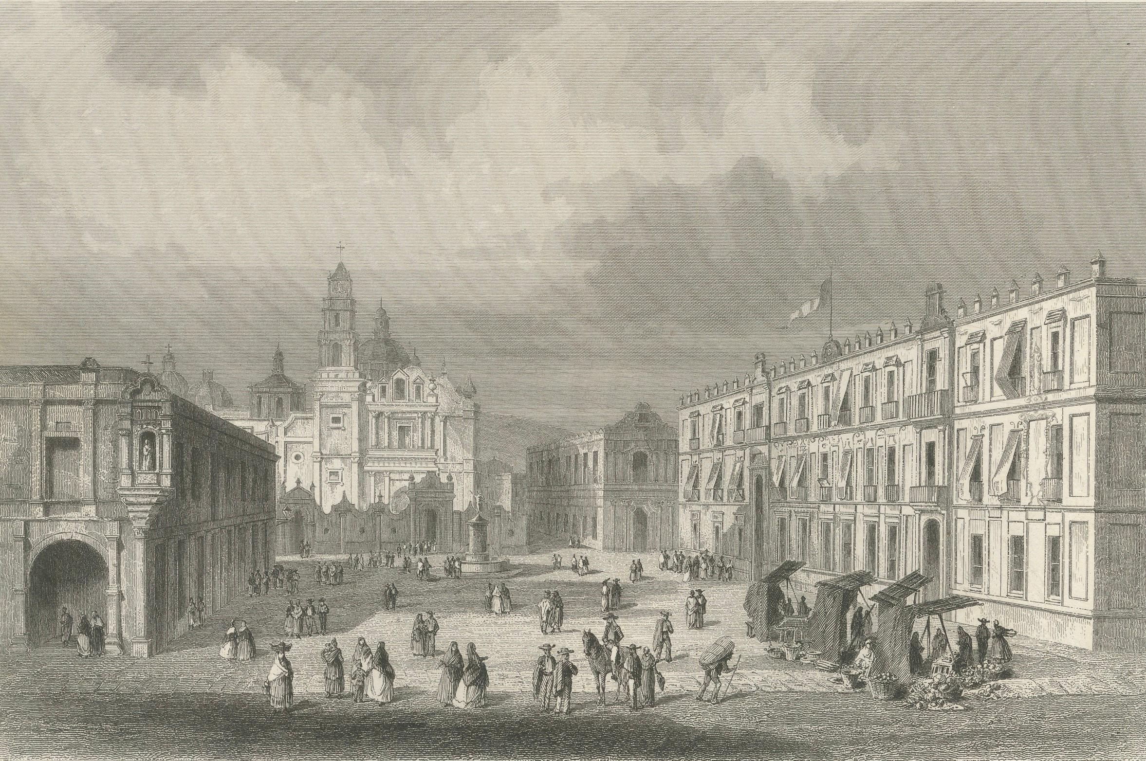Plaza Santo Domingo Mexiko-Stadt - Antiker Architekturstich, 1867 (Graviert) im Angebot