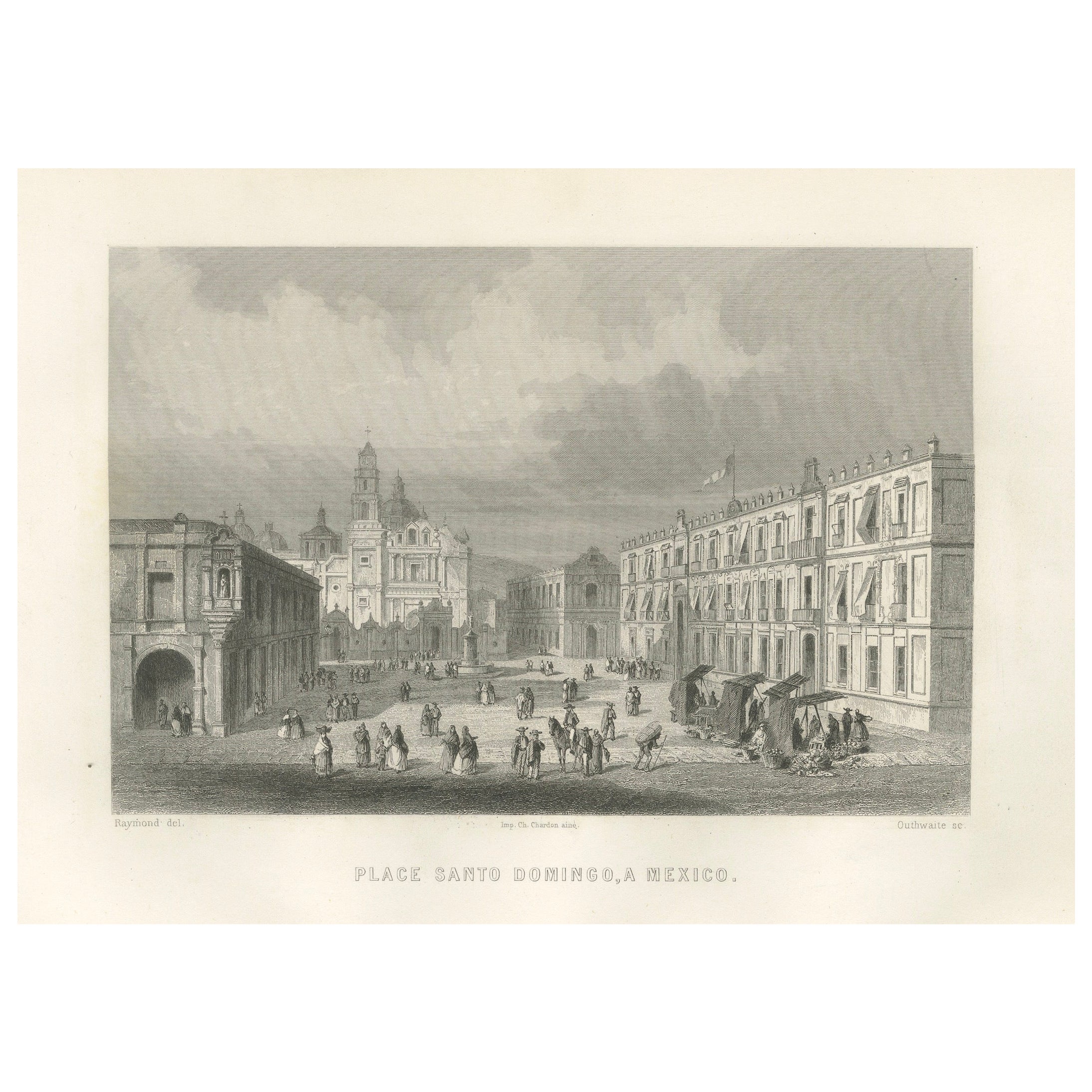 Plaza Santo Domingo Mexiko-Stadt - Antiker Architekturstich, 1867