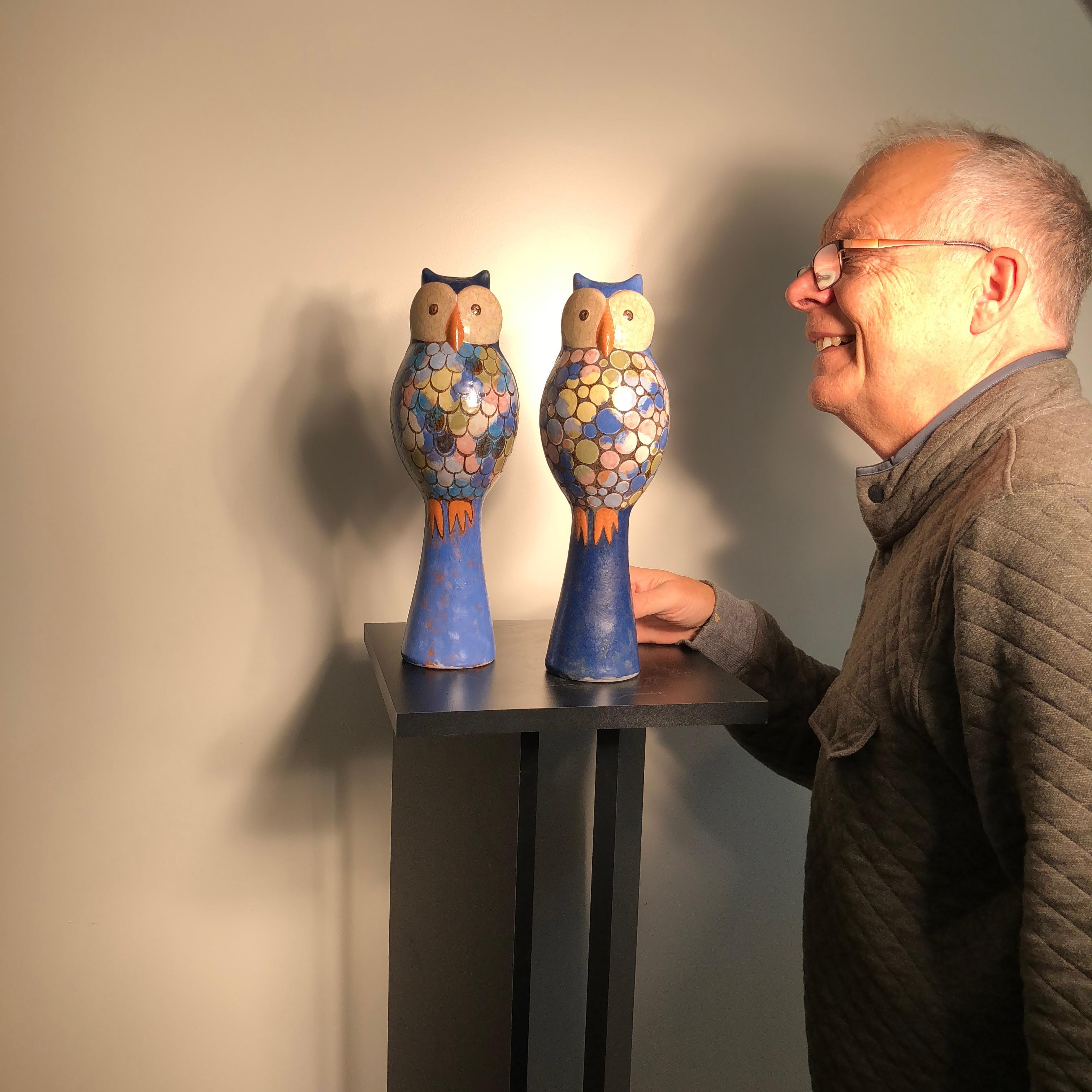 A pair of Polka Dot Owl Art master works- pleasant colorful creations by now deceased master artist Eva Fritz-Lindner (1933-2017)

A cheerful tall vintage handmade and hand-painted pair of pottery owls hand painted in polka dot fashion - sculptures