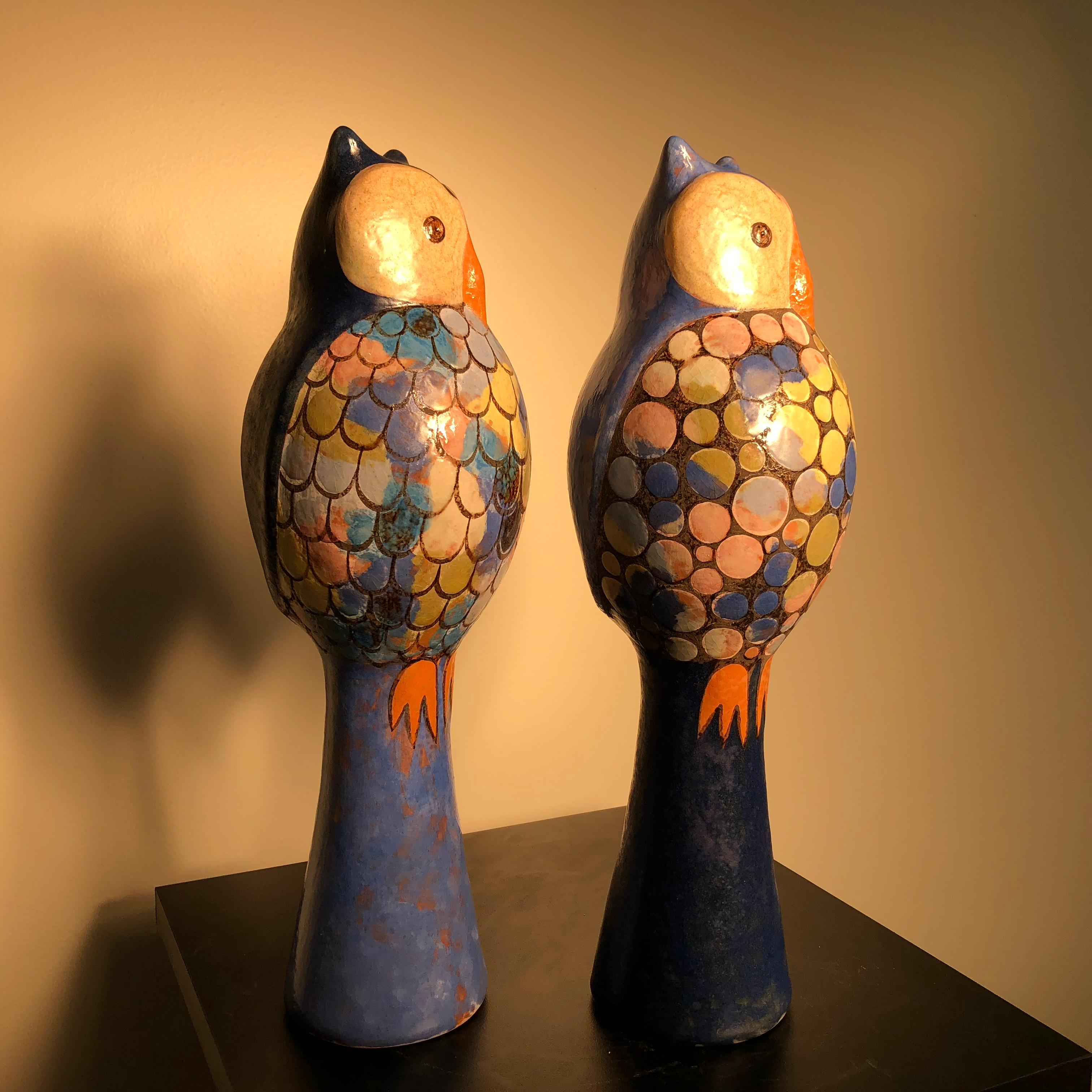 Stunning Pair of Owls Handmade Hand Glazed, Master Designer Eva Fritz-Lindner In Good Condition In South Burlington, VT
