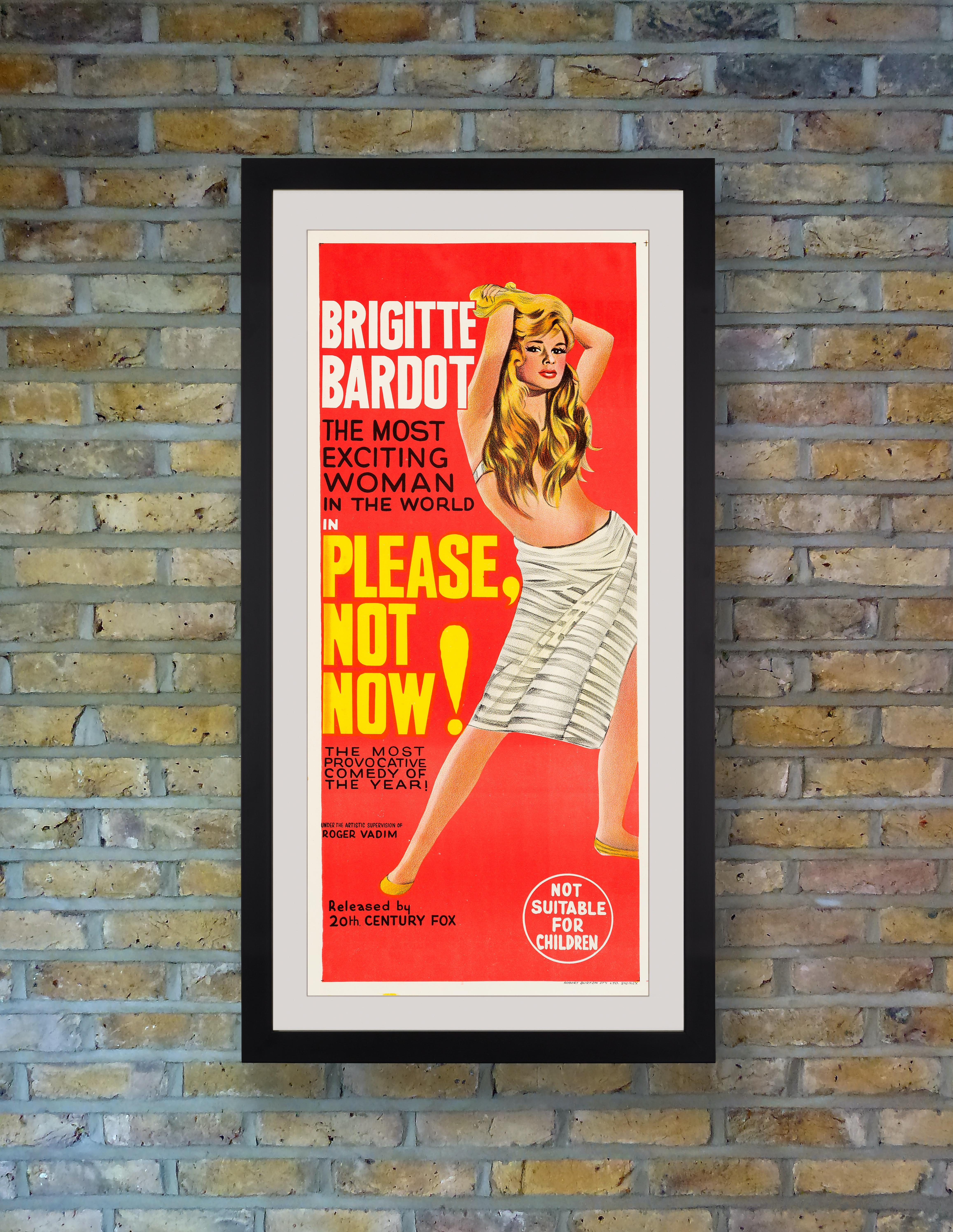 A sultry Brigitte Bardot sizzles on this striking stone lithography poster for the French screwball rom-com 'La Bride sur le cou,' released in Australia and the UK as 'Please, Not Now!' and in the US as 'Only For Love'. Bardot starred as the saucy