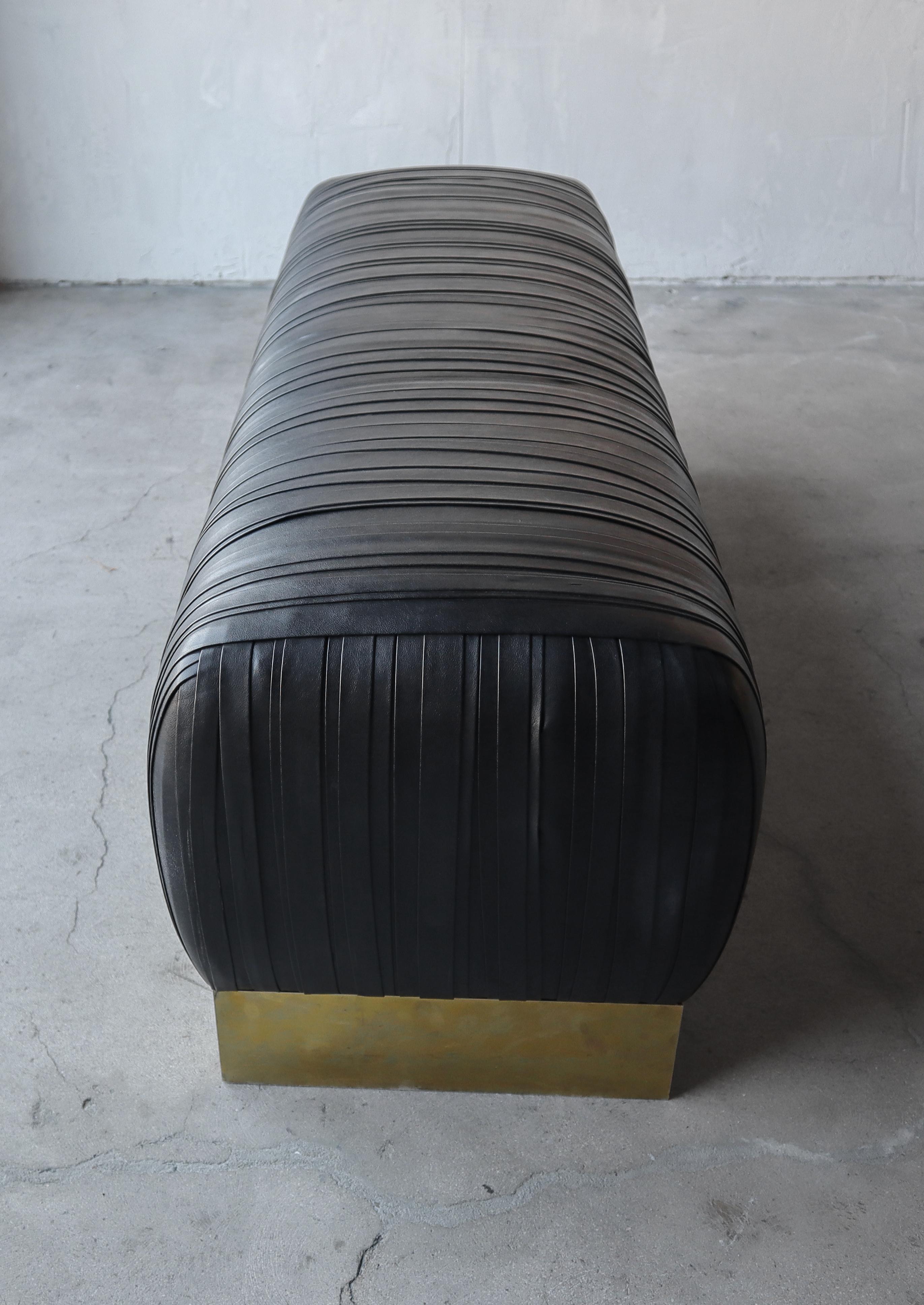 Pleated Black Leather and Patinated Brass Benches In Good Condition In Las Vegas, NV