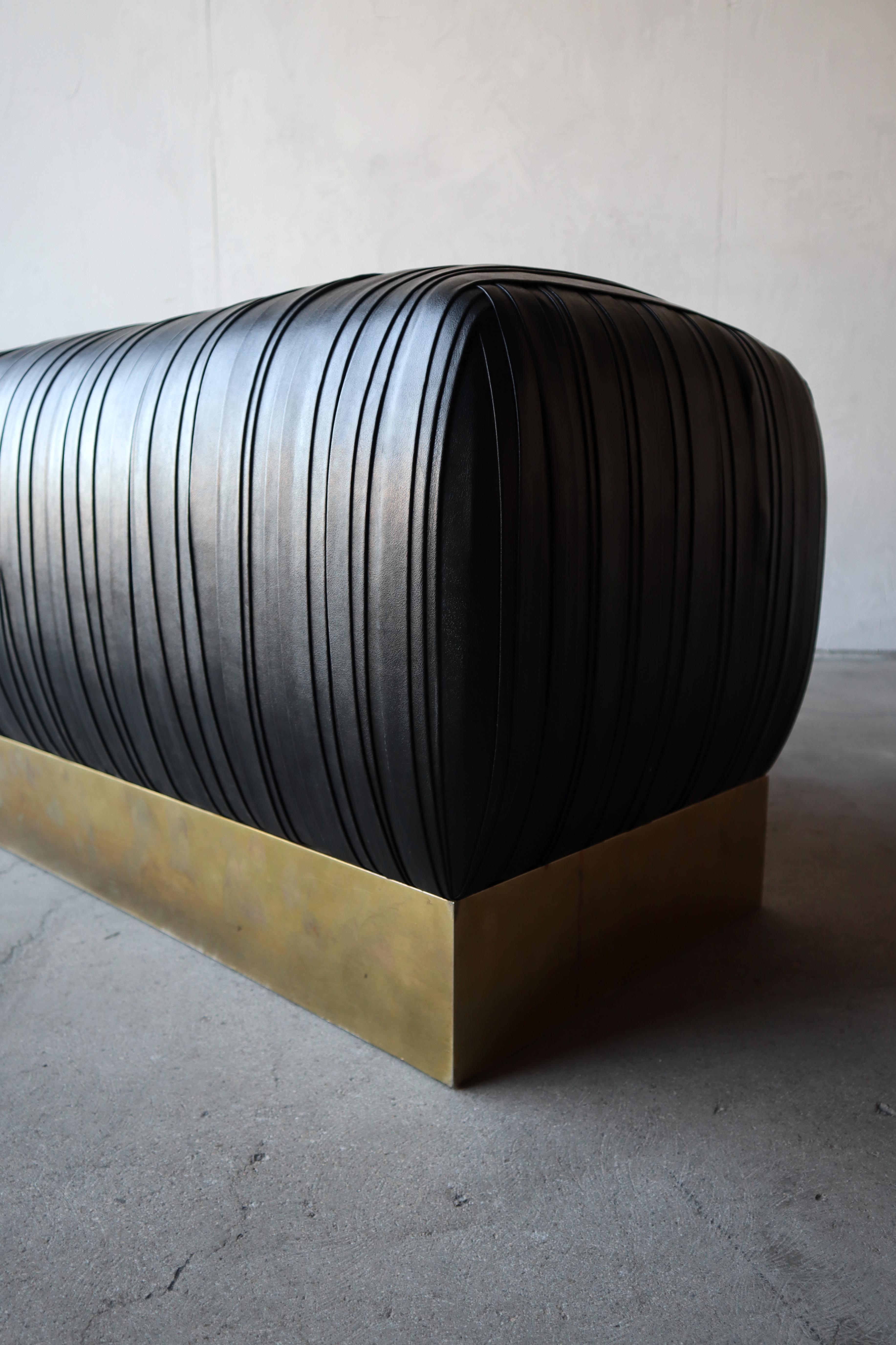 Pleated Black Leather and Patinated Brass Benches 1