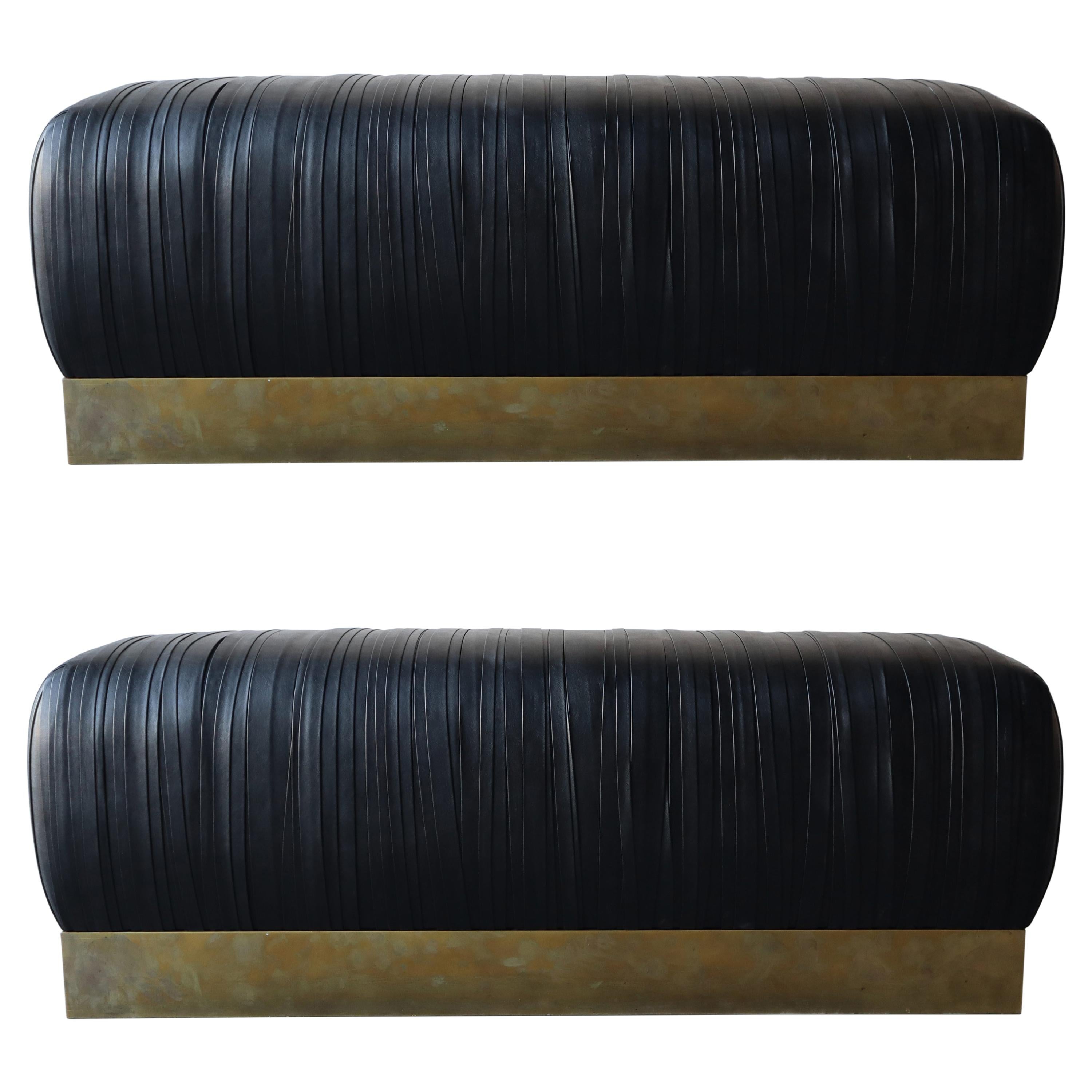 Pleated Black Leather and Patinated Brass Benches