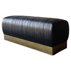 Pleated Strap Black Leather Bench