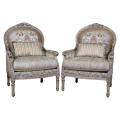 Pleated Carved French Louis XVI Bergere Chairs Pair Creme Paint Decorated