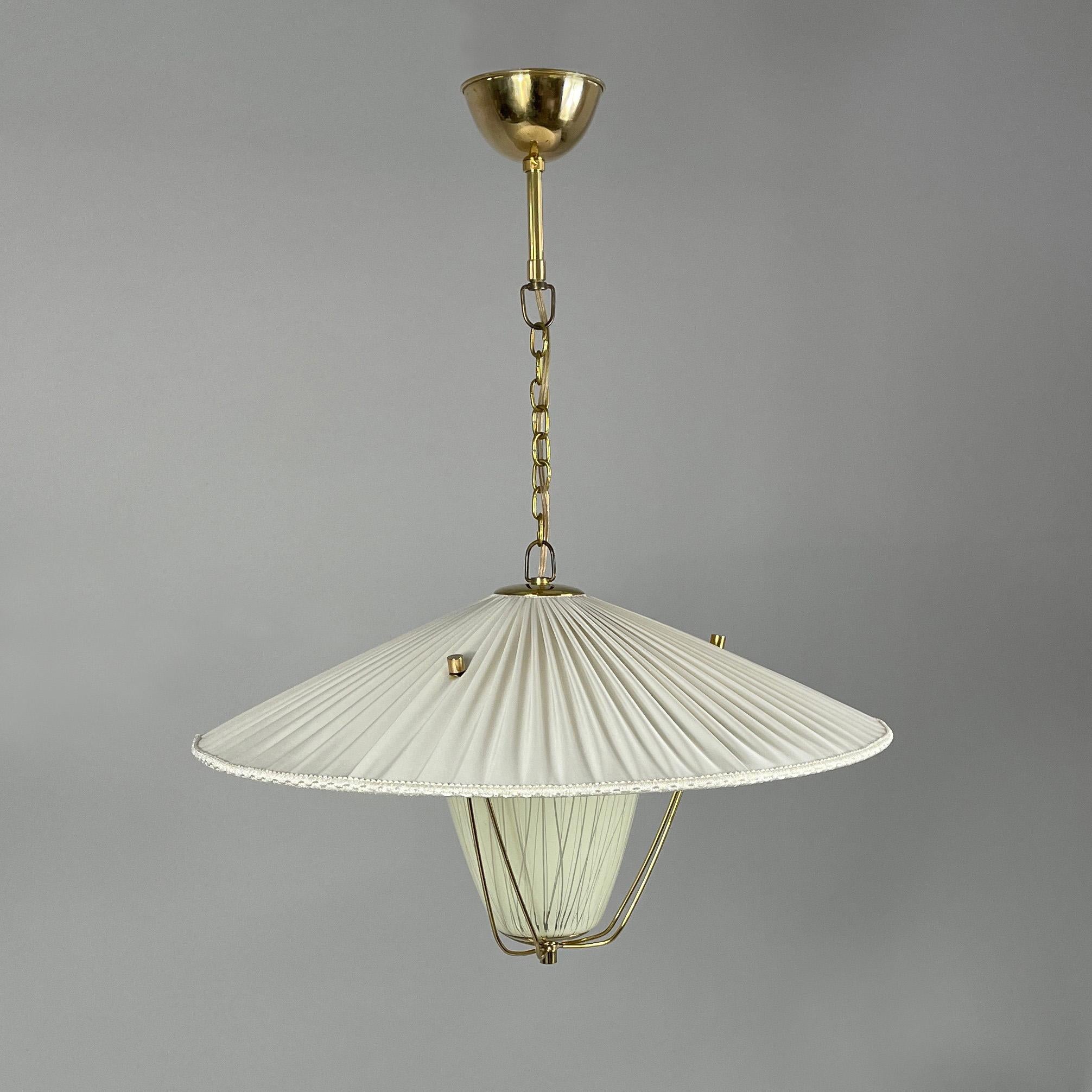 Pleated Cream Fabric, Enameled Glass & Brass Pendant, Austria 1950s 4