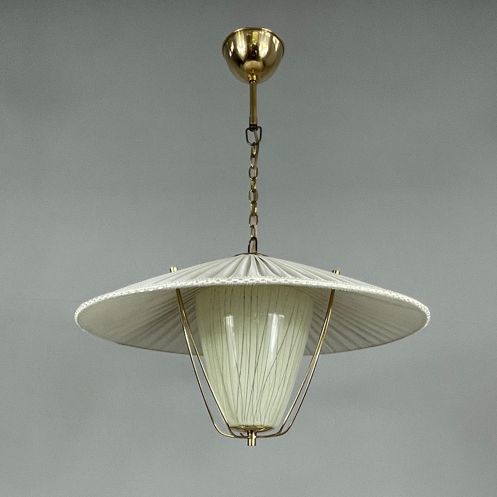 Pleated Cream Fabric, Enameled Glass & Brass Pendant, Austria 1950s 5
