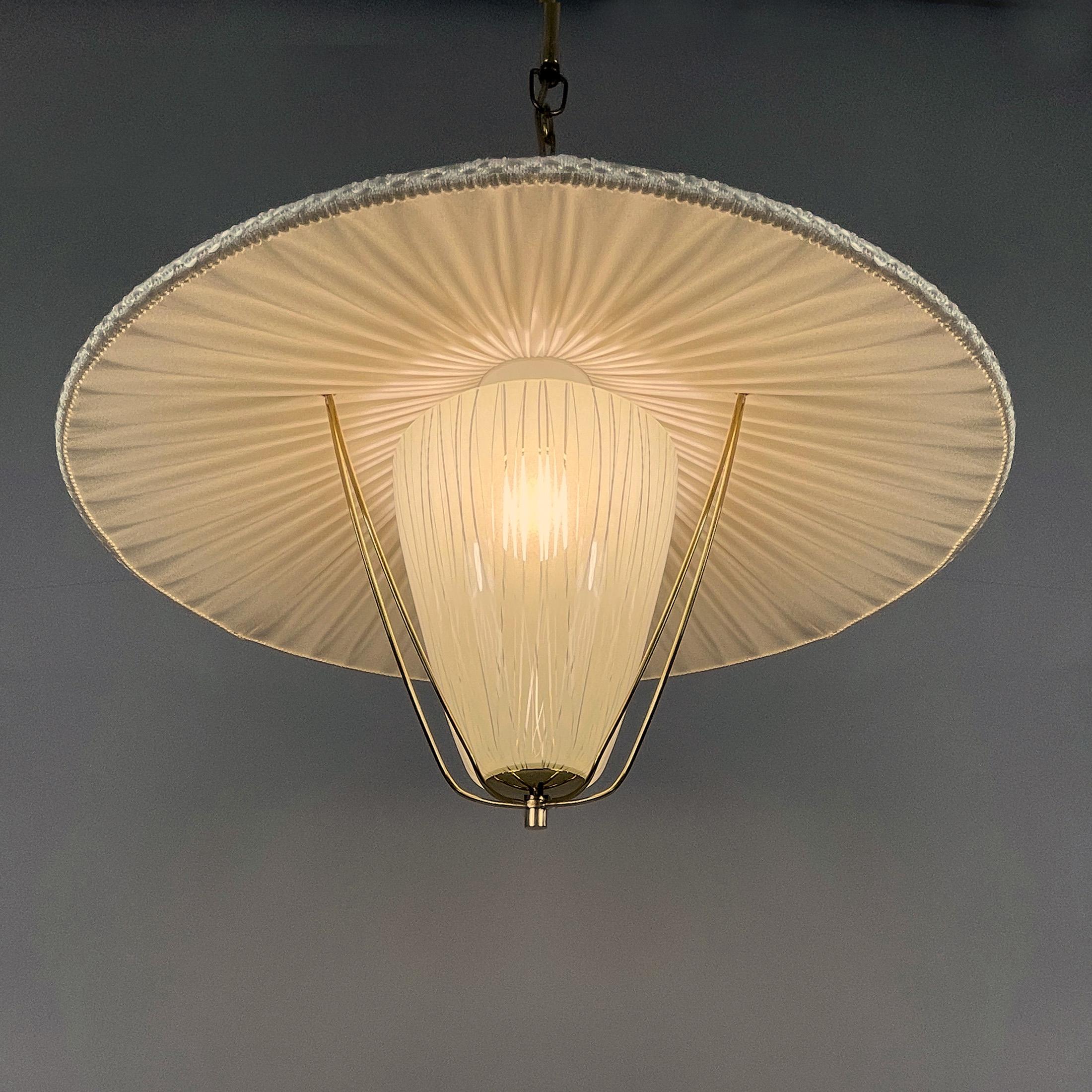 Pleated Cream Fabric, Enameled Glass & Brass Pendant, Austria 1950s 6