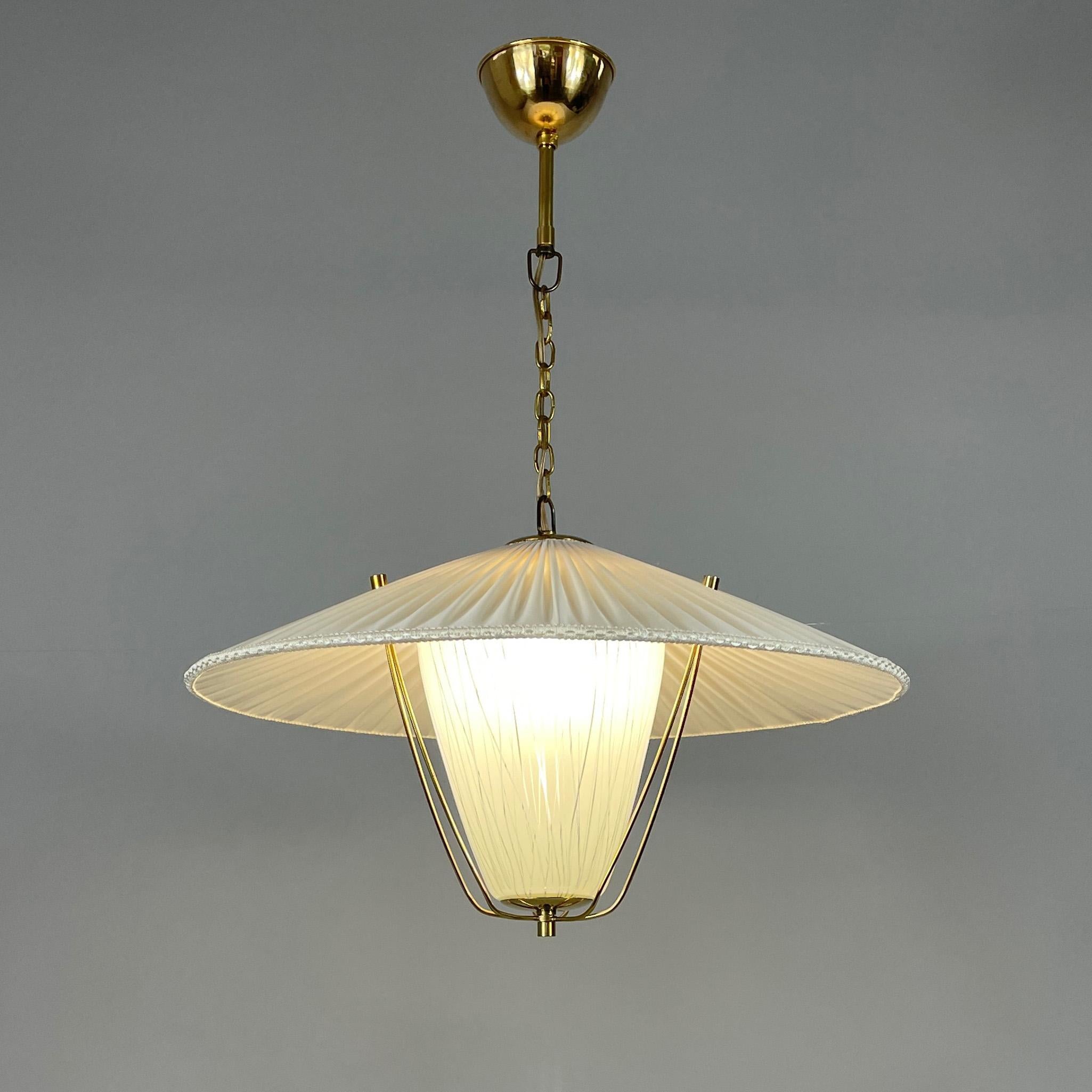 Pleated Cream Fabric, Enameled Glass & Brass Pendant, Austria 1950s 7