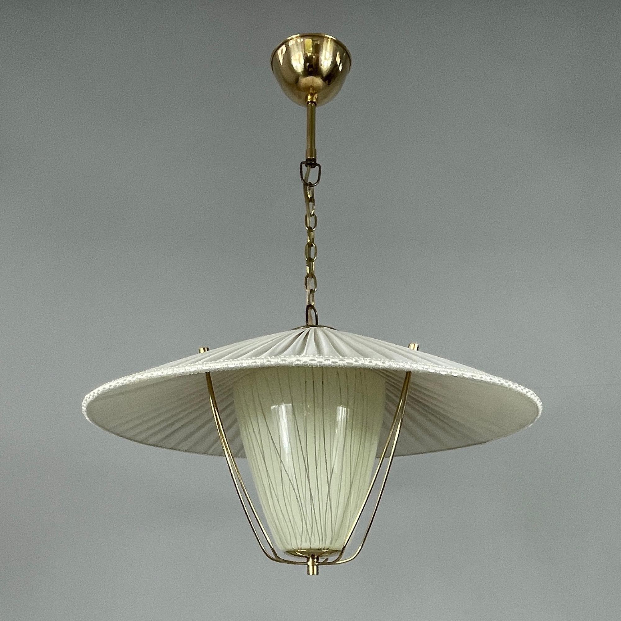Mid-Century Modern Pleated Cream Fabric, Enameled Glass & Brass Pendant, Austria 1950s