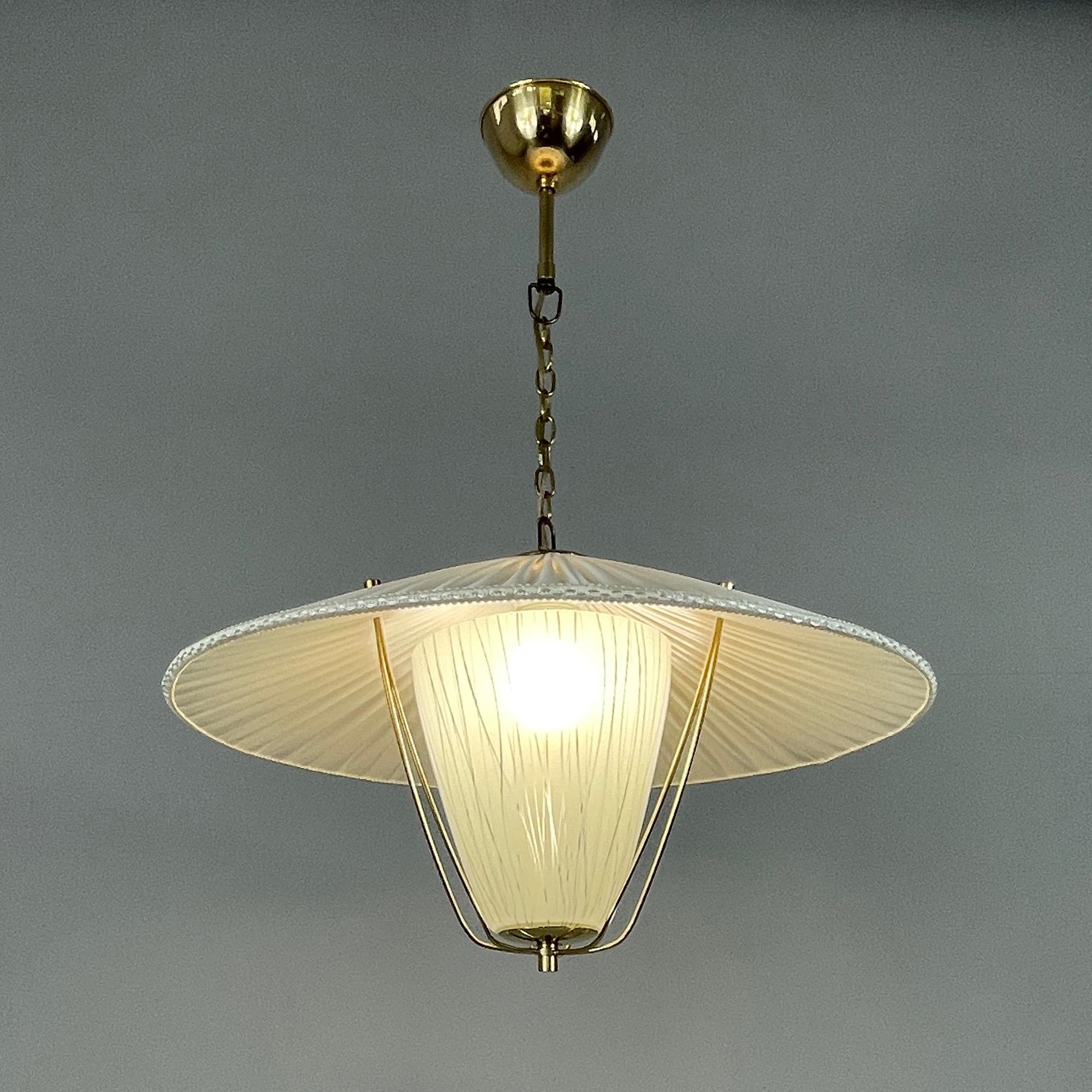 Mid-20th Century Pleated Cream Fabric, Enameled Glass & Brass Pendant, Austria 1950s