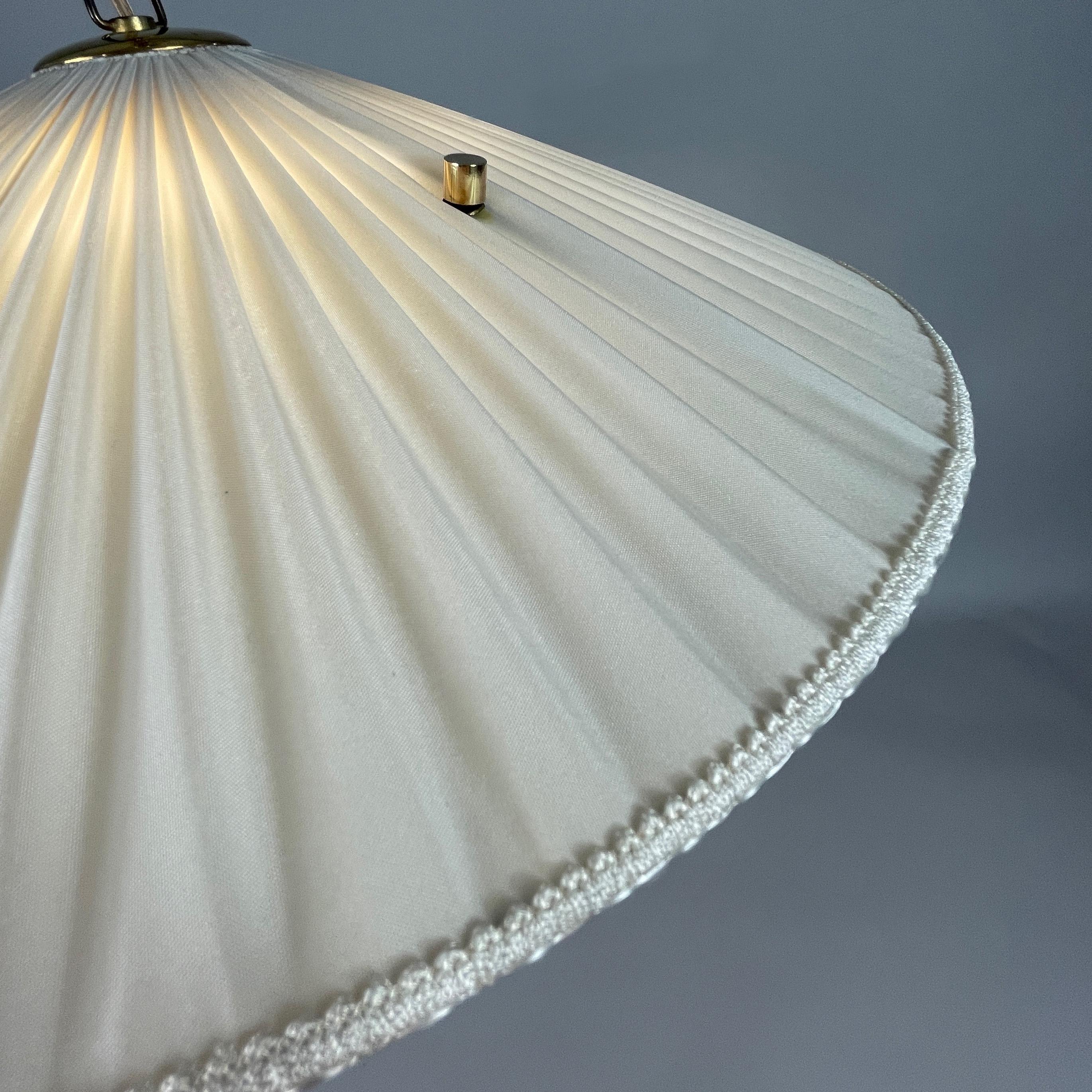 Pleated Cream Fabric, Enameled Glass & Brass Pendant, Austria 1950s 2