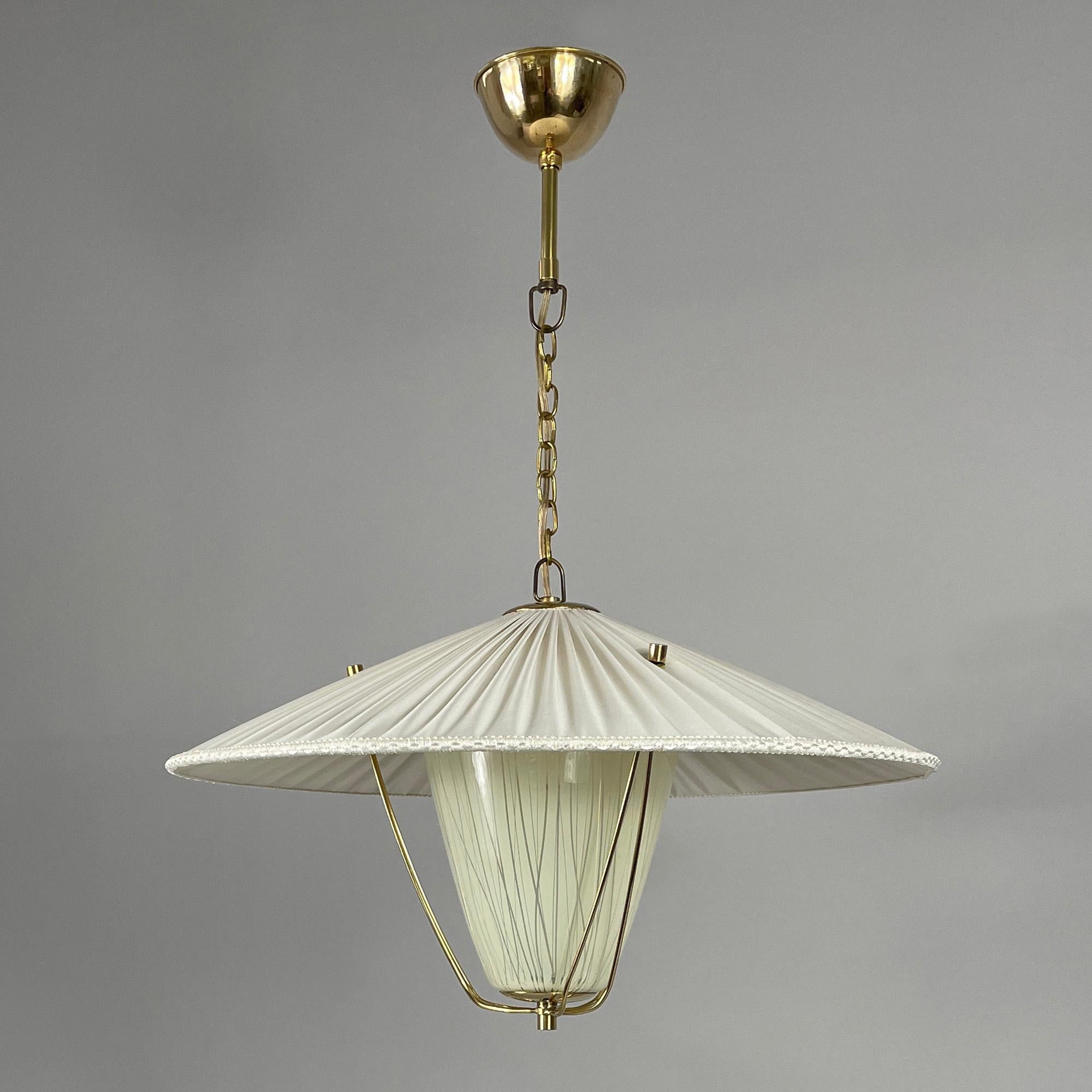Pleated Cream Fabric, Enameled Glass & Brass Pendant, Austria 1950s 3