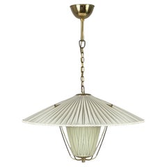 Pleated Cream Fabric, Enameled Glass & Brass Pendant, Austria 1950s