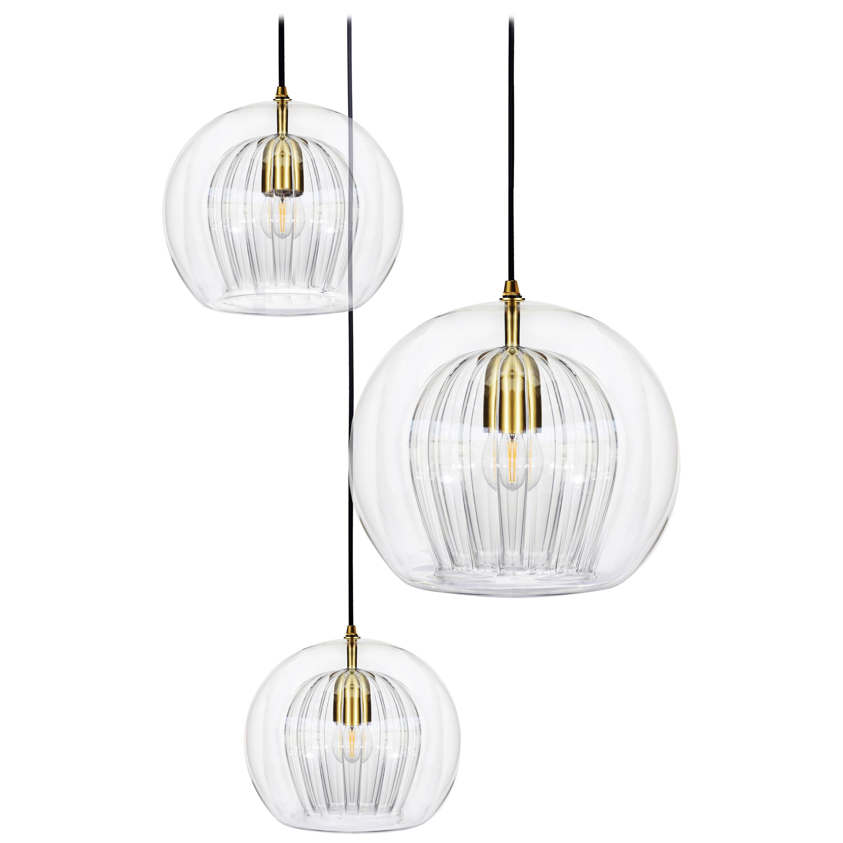 Pleated Crystal 3-Piece, Clear Ribbed Glass and Brass with E26/27 Bulb For Sale