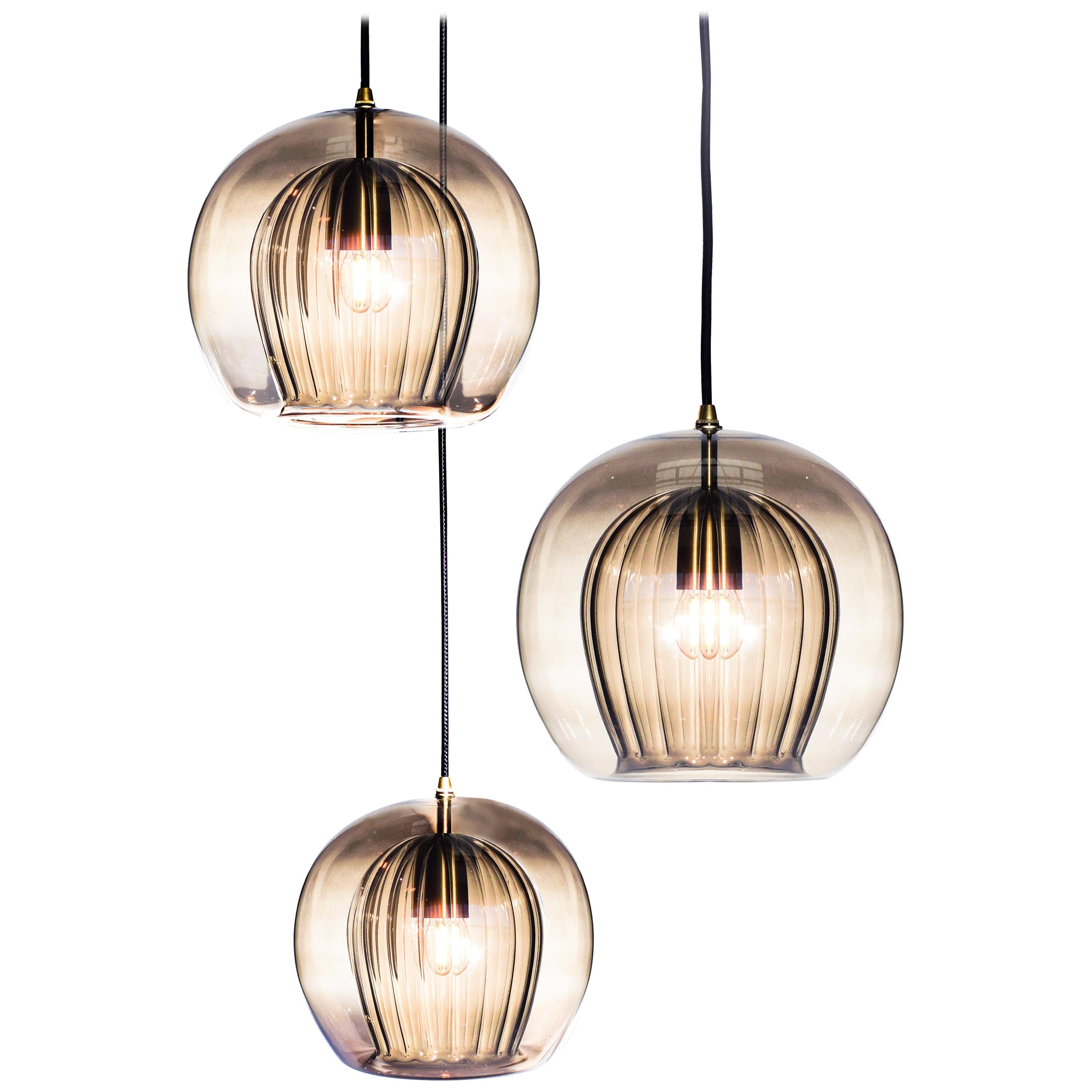Pleated Crystal 3-Piece, Smoke Ribbed Glass and Brass with E26/27 Bulb