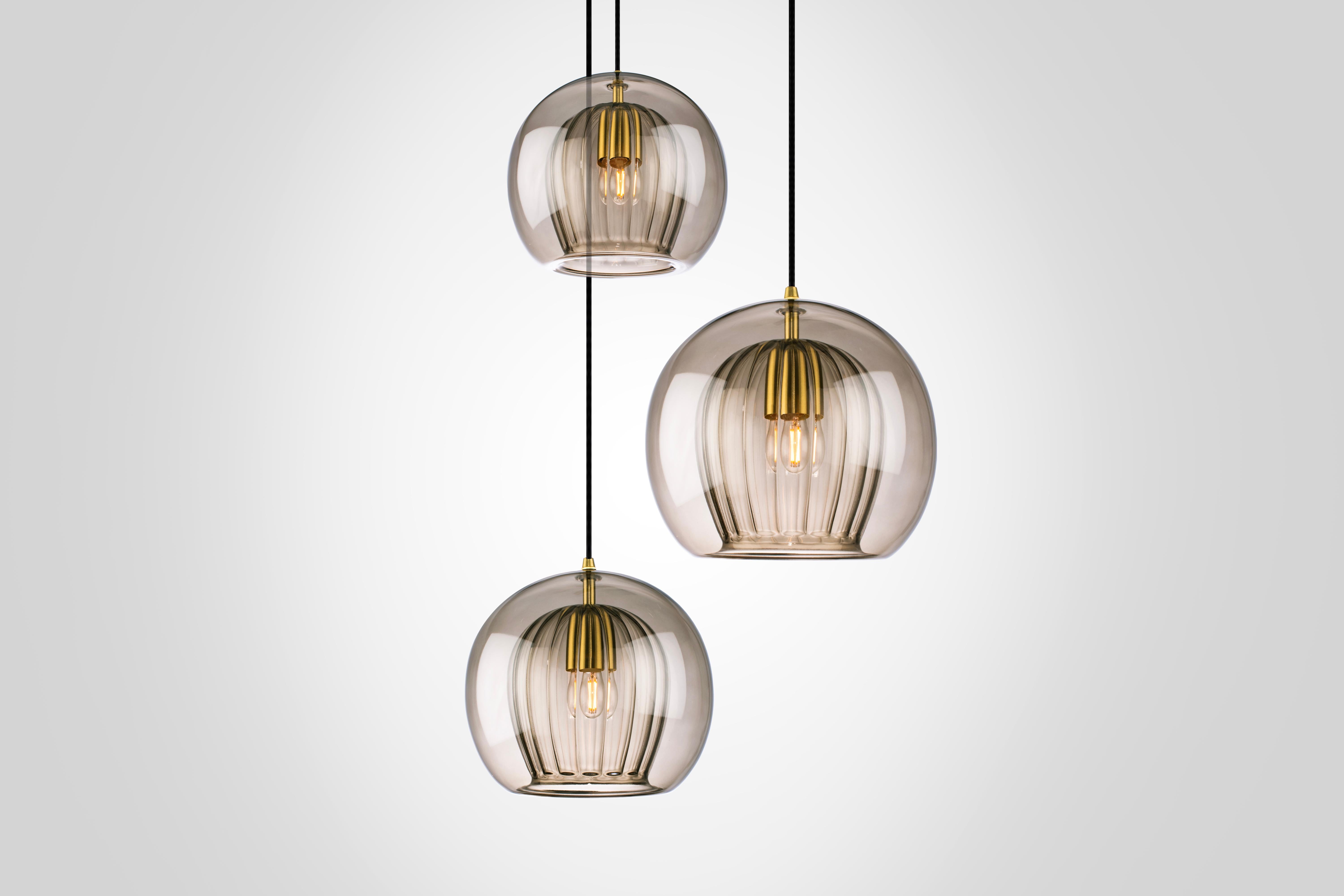 Brushed Pleated Crystal 3-Piece, Smoke Ribbed Glass and Brass with E26/27 Bulb For Sale