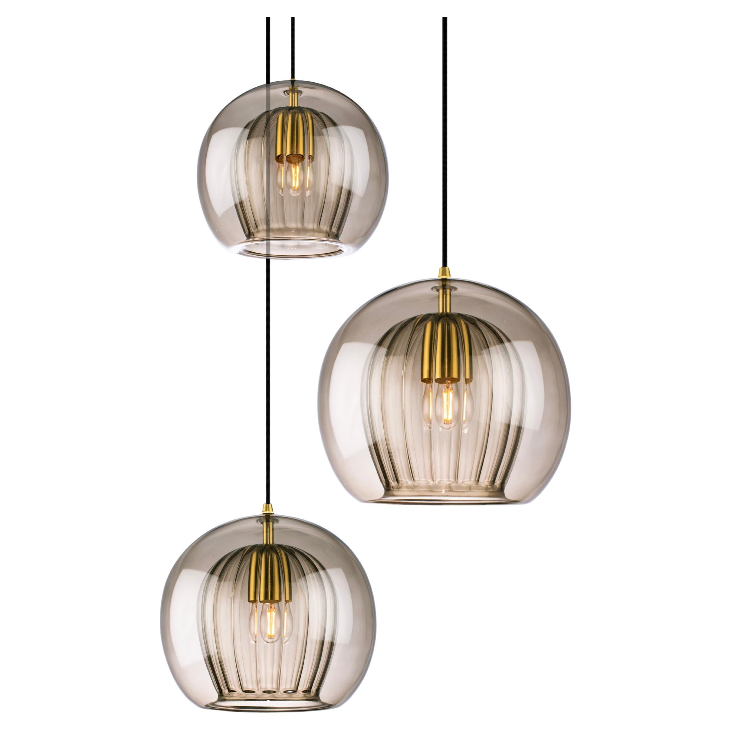 Pleated Crystal 3-Piece, Smoke Ribbed Glass and Brass with E26/27 Bulb For Sale