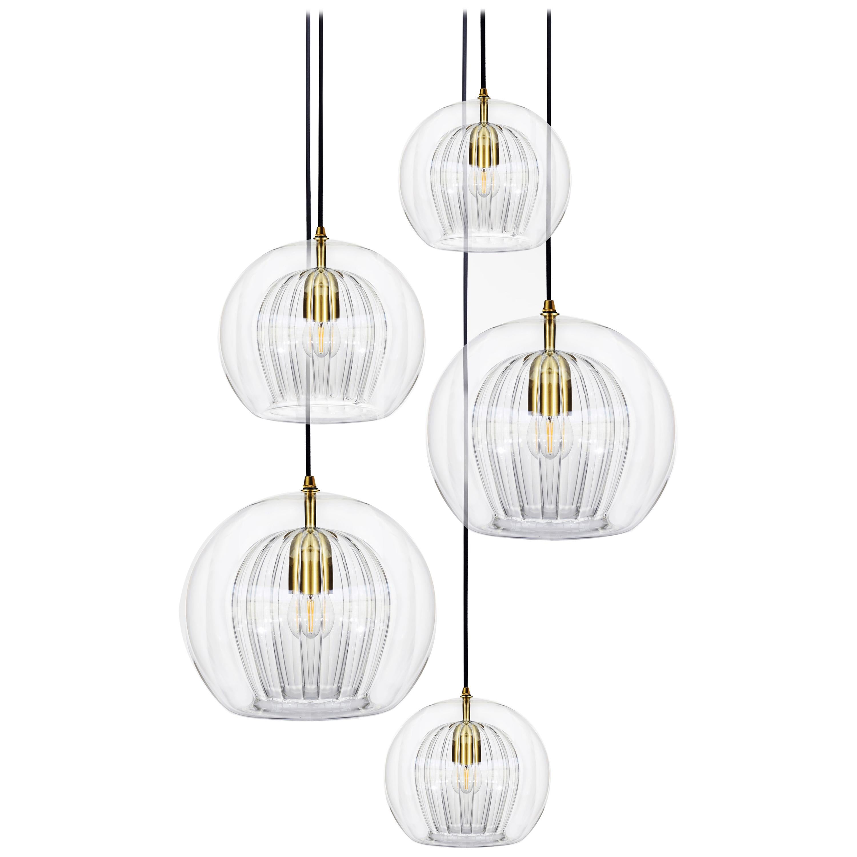 Pleated Crystal 5-Piece, Clear Ribbed Glass and Brass with E26/27 Bulb For Sale