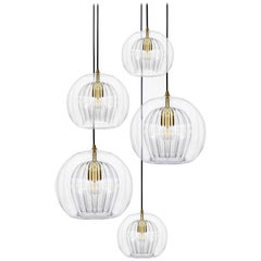 Pleated Crystal 5-Piece, Clear Ribbed Glass and Brass with E26/27 Bulb