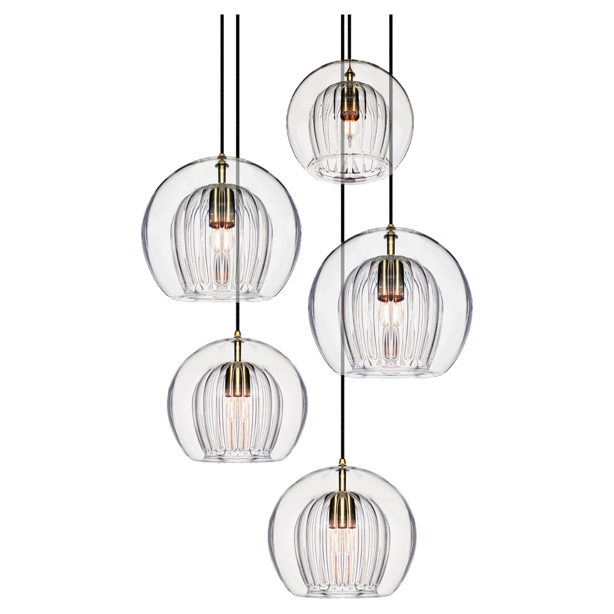Pleated Crystal 5-Piece, Clear Ribbed Glass and Brass with E26/27 Bulb