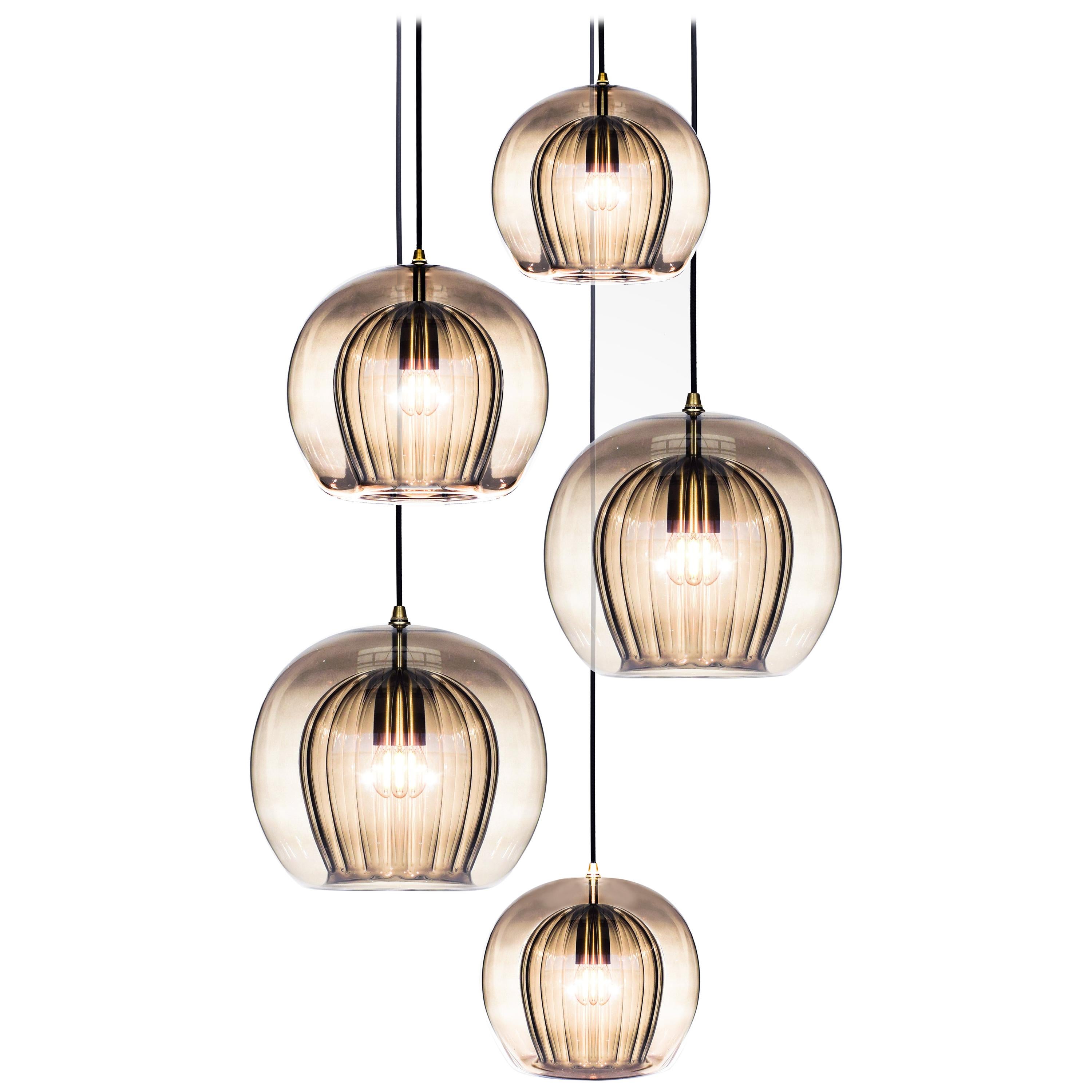 Pleated Crystal 5-Piece, Smoke Ribbed Glass and Brass with E26/27 Bulb For Sale