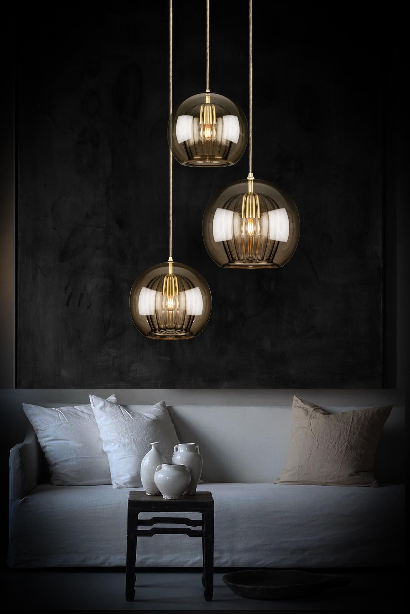 Brushed Pleated Crystal 5-Piece, Smoke Ribbed Glass and Brass with E26/27 Bulb For Sale