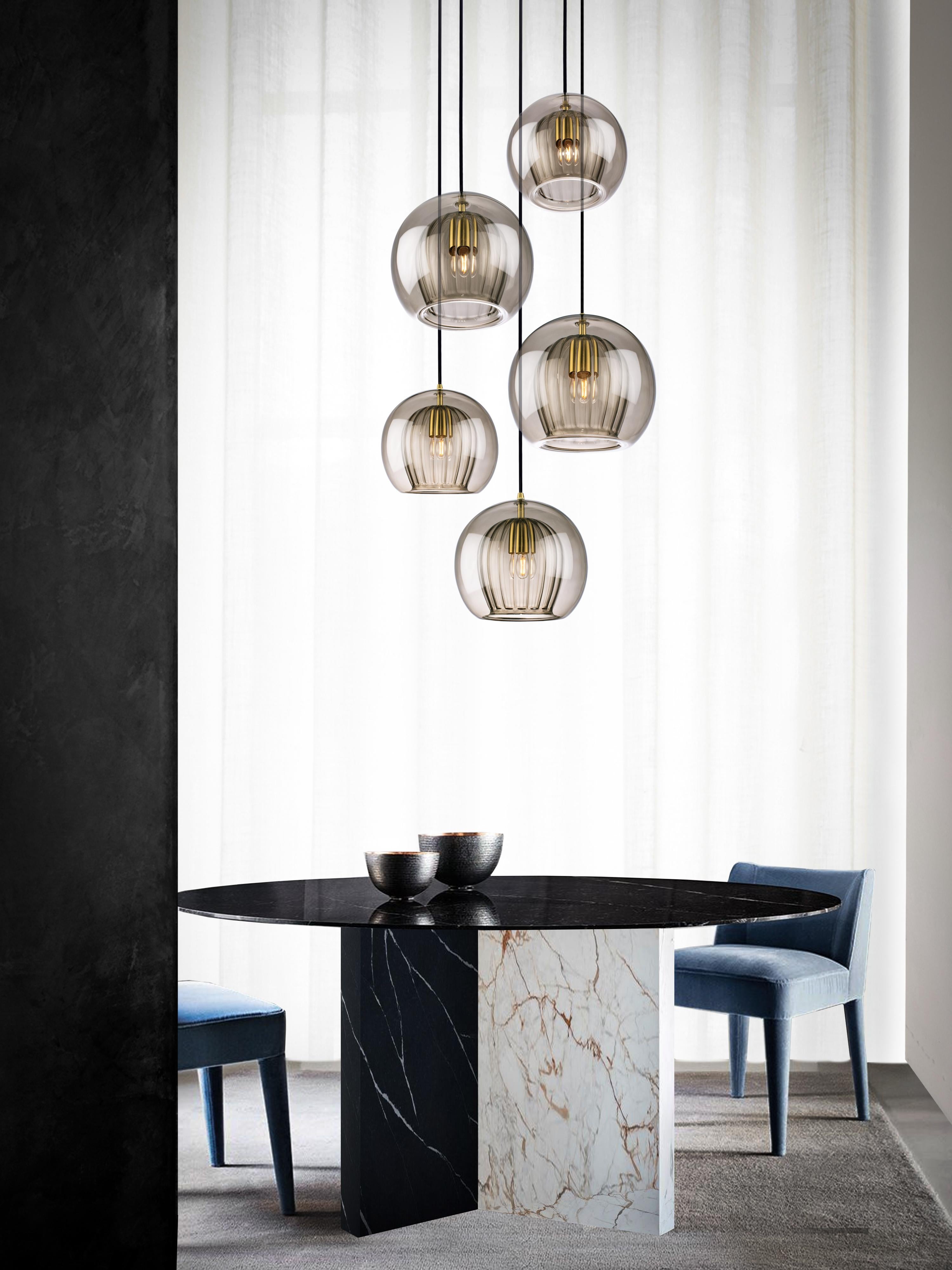 Modern Pleated Crystal 5-Piece, Smoke Ribbed Glass and Brass with E26/27 Bulb For Sale