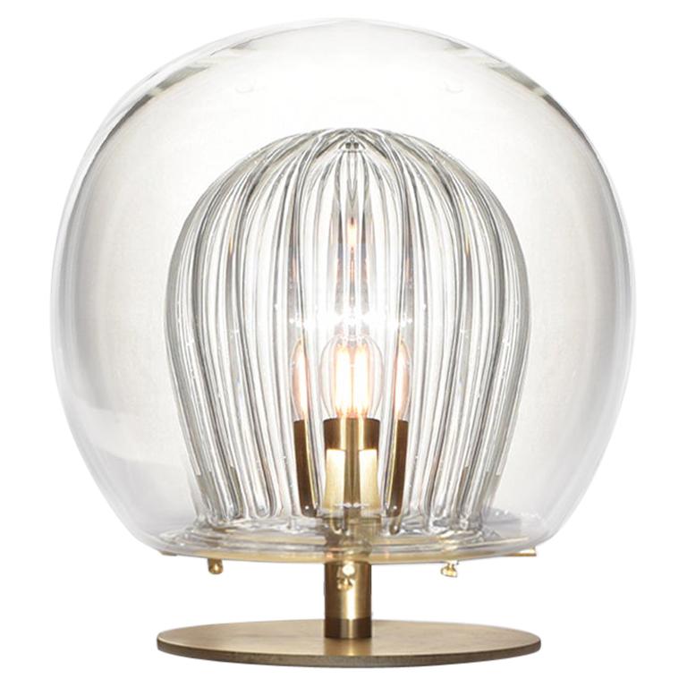 Pleated Crystal Desk Lamp, Clear Ribbed Glass and Brass with E26/27 Bulb For Sale