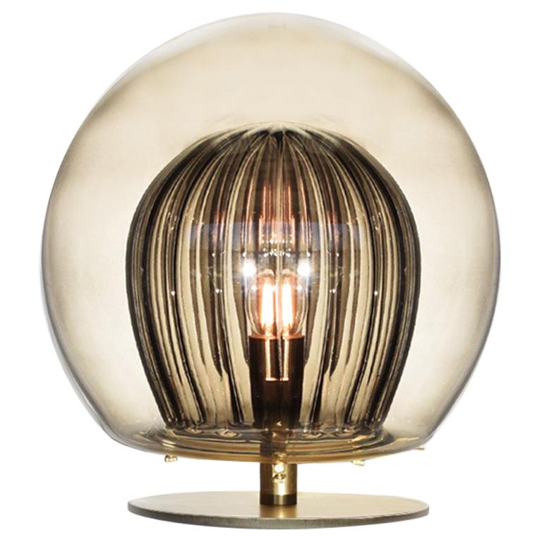 Pleated Crystal Desk Lamp, Smoke Ribbed Glass and Brass with E26/27 Bulb For Sale
