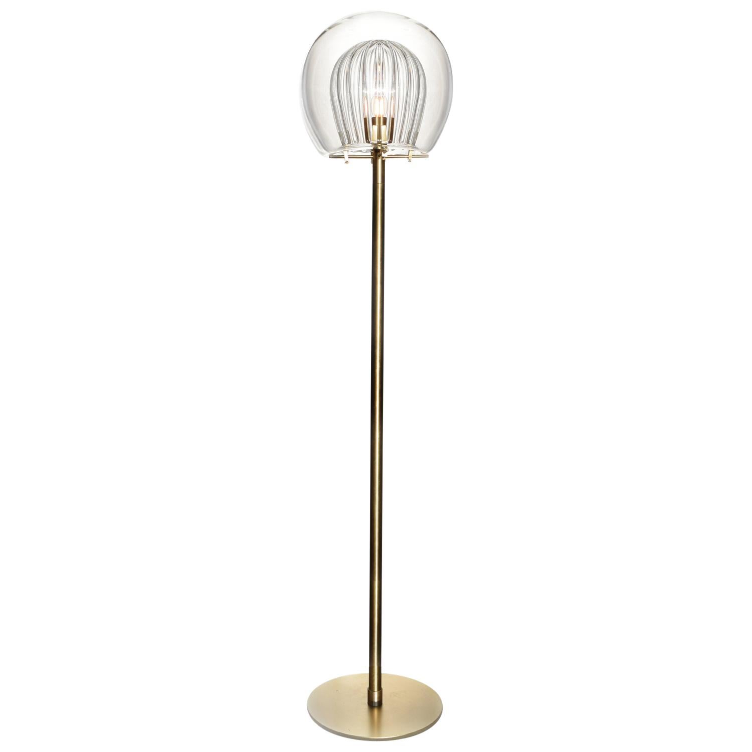Pleated Crystal Floor Lamp, Clear Ribbed Glass and Brass with E26/27 Bulb For Sale