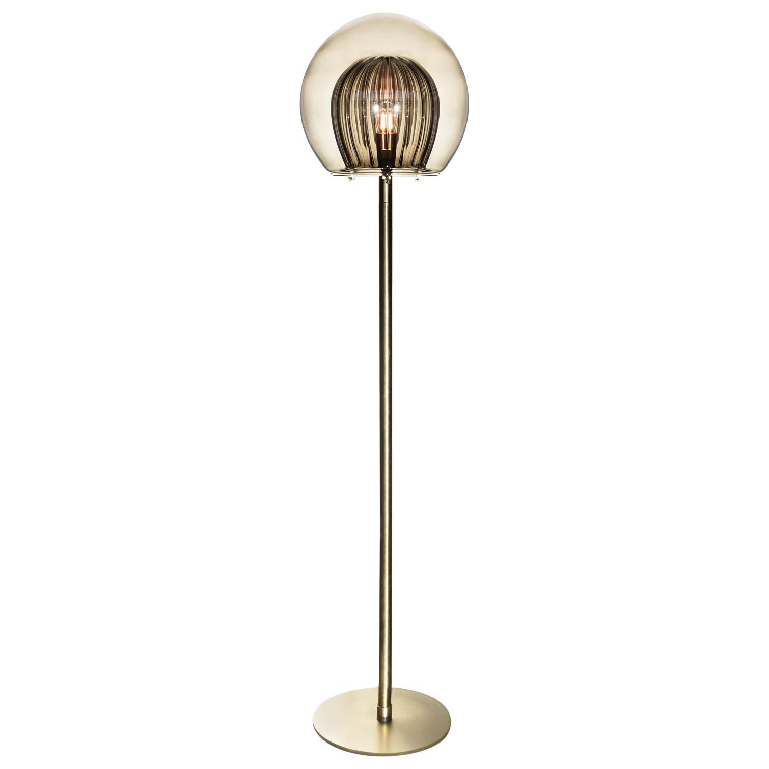 Pleated Crystal Floor Lamp, Smoke Ribbed Glass and Brass with E26/27 Bulb For Sale