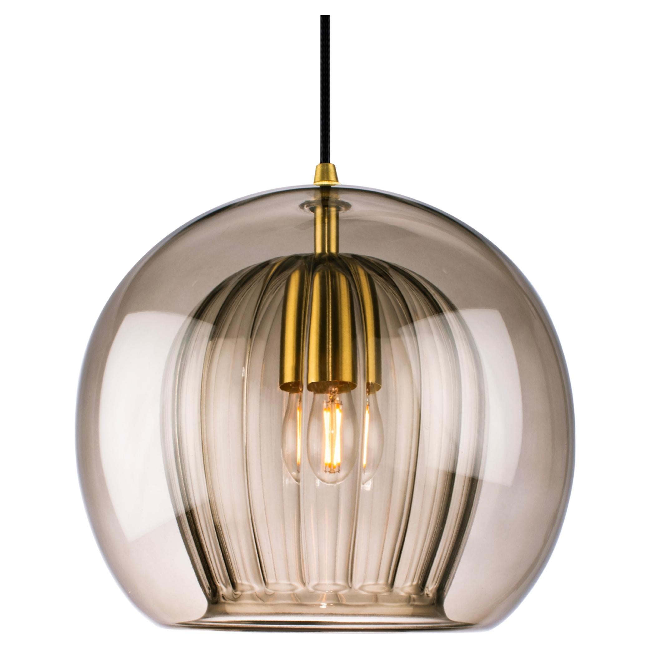 Pleated Crystal Pendant Lamp Medium, Smoke Ribbed Glass & Brass with E26/27 Bulb