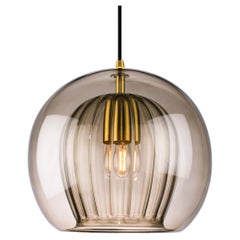 Pleated Crystal Pendant Lamp Medium, Smoke Ribbed Glass & Brass with E26/27 Bulb