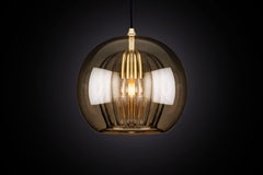 Pleated Crystal Pendant Lamp Small, Smoke Ribbed Glass & Brass with E26/27 Bulb