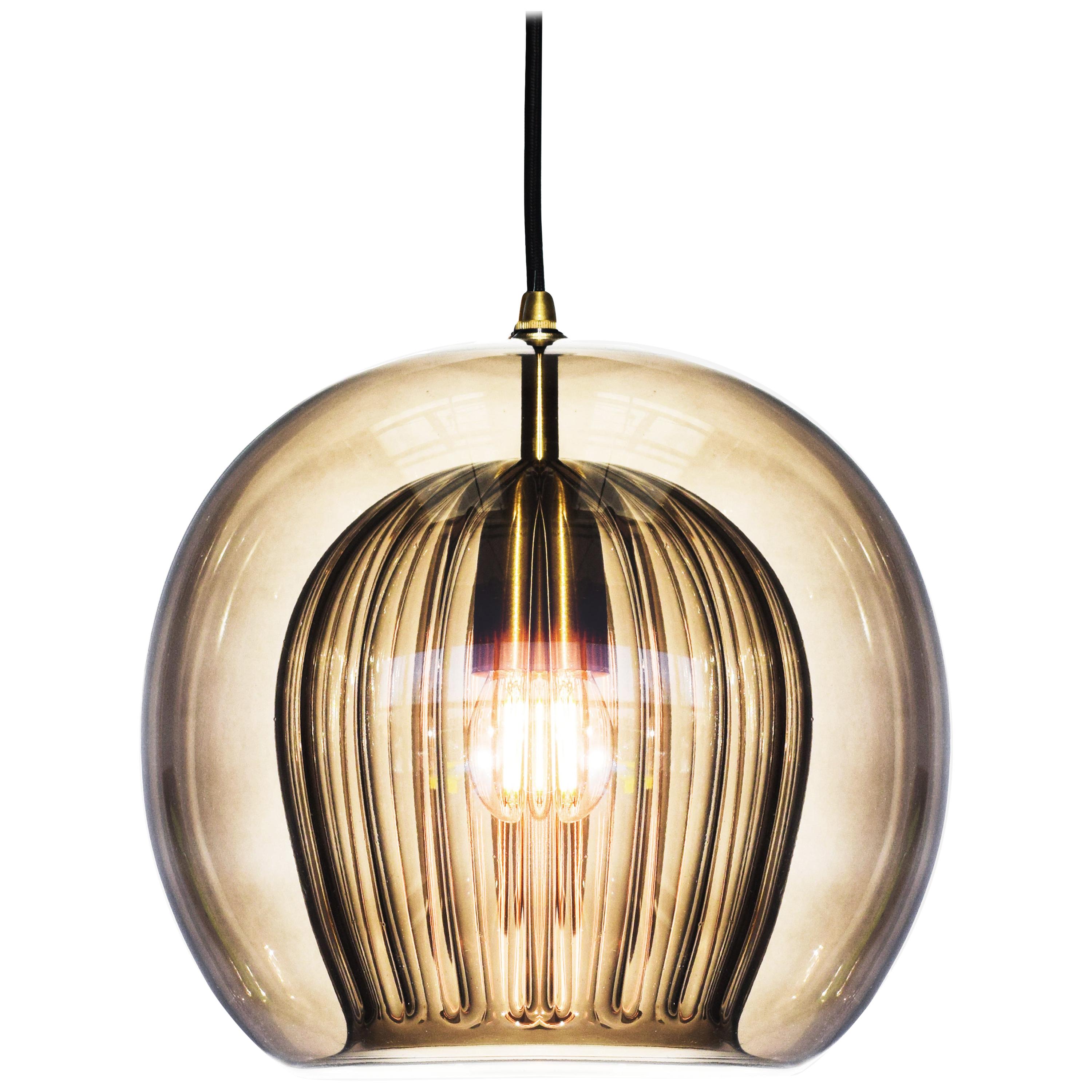 Pleated Crystal Pendant Lamp Large, Smoke Ribbed Glass & Brass with E26/27 Bulb