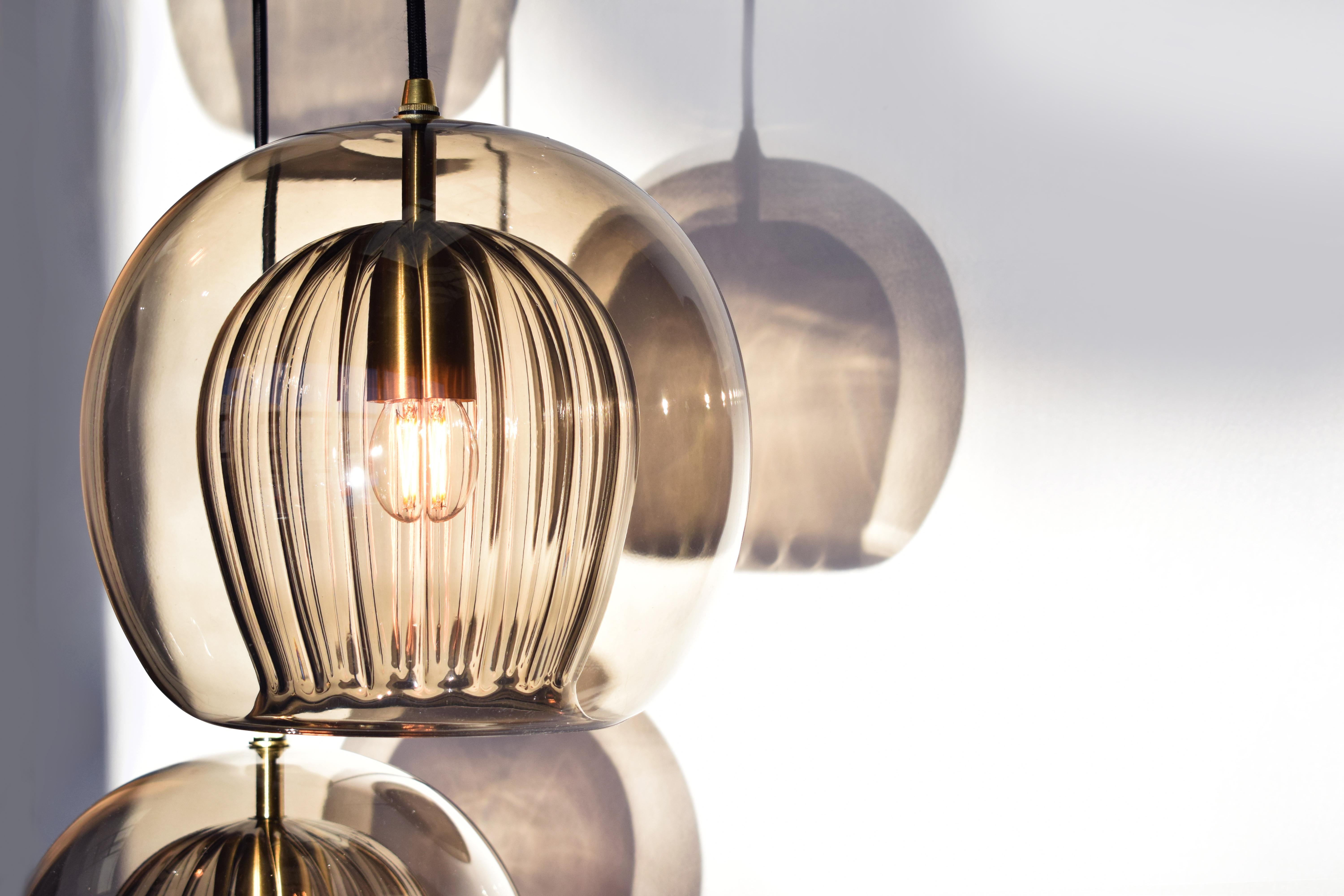 Modern Pleated Crystal Pendant Lamp Large, Smoke Ribbed Glass & Brass with E26/27 Bulb For Sale