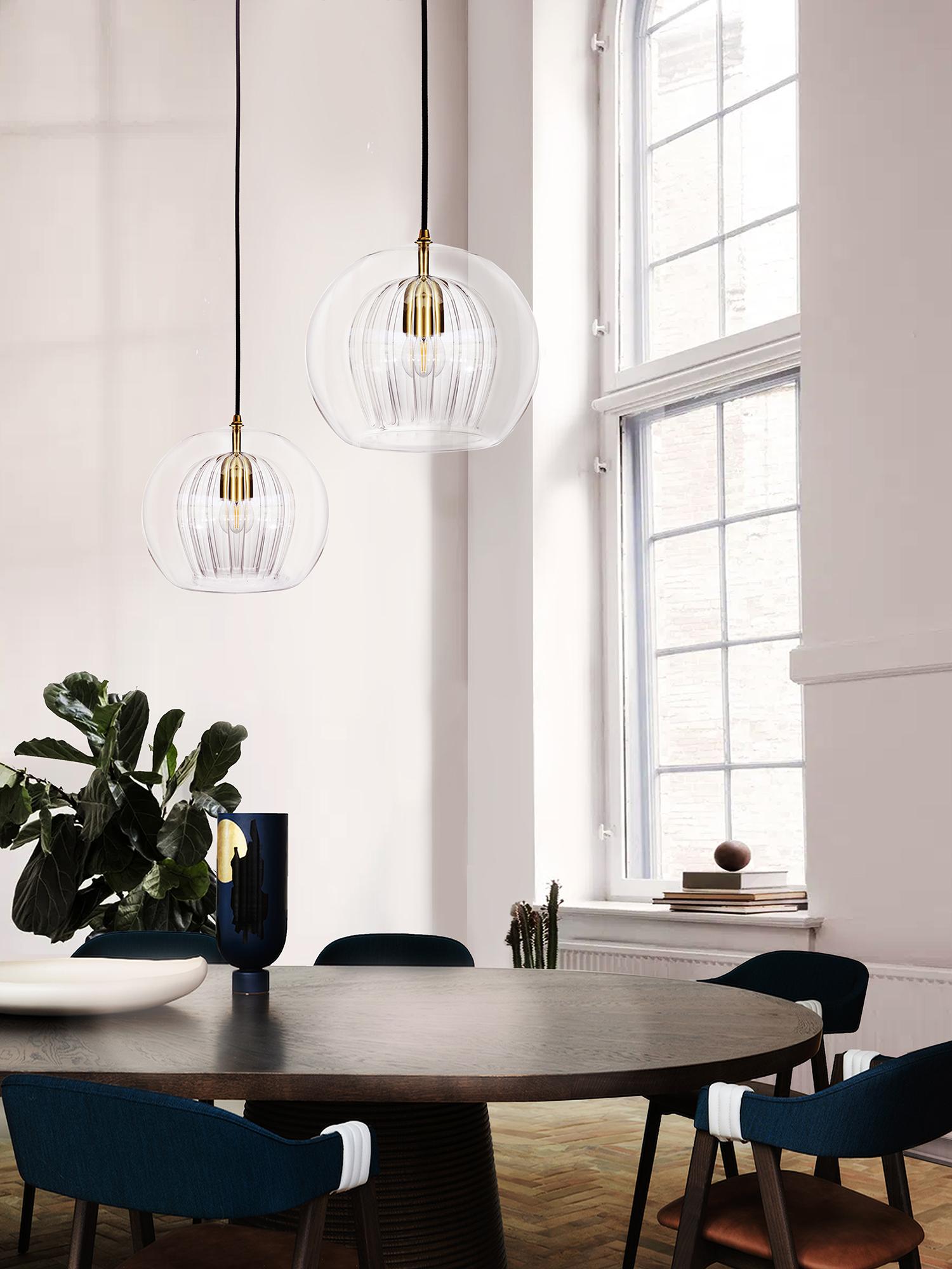British Pleated Crystal Pendant Lamp Medium, Clear Ribbed Glass & Brass with E26/27 Bulb For Sale